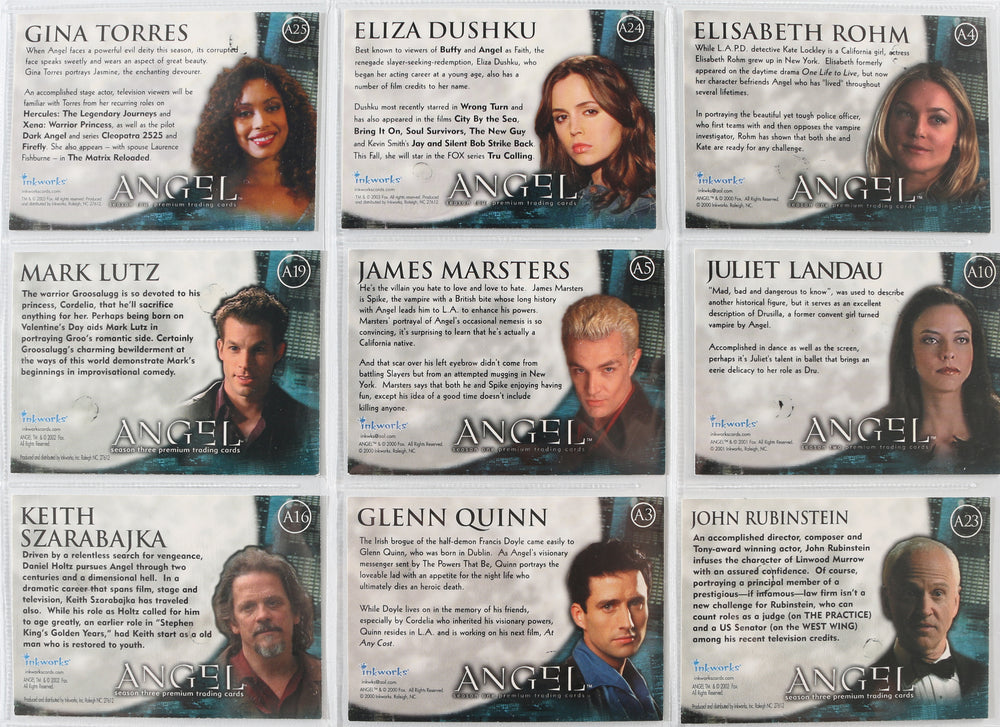 
                  
                    Angel Inkworks Trading Cards 35pc LOT Signed by David Boreanaz, Charisma Carpenter, Glenn Quinn, Alexis Denisof, J. August Richards, Amy Acker, Vincent Kartheiser, Andy Hallett, James Marsters, Mercedes McNab, Gina Torres, Julie Benz, Eliza Dushku, & More
                  
                