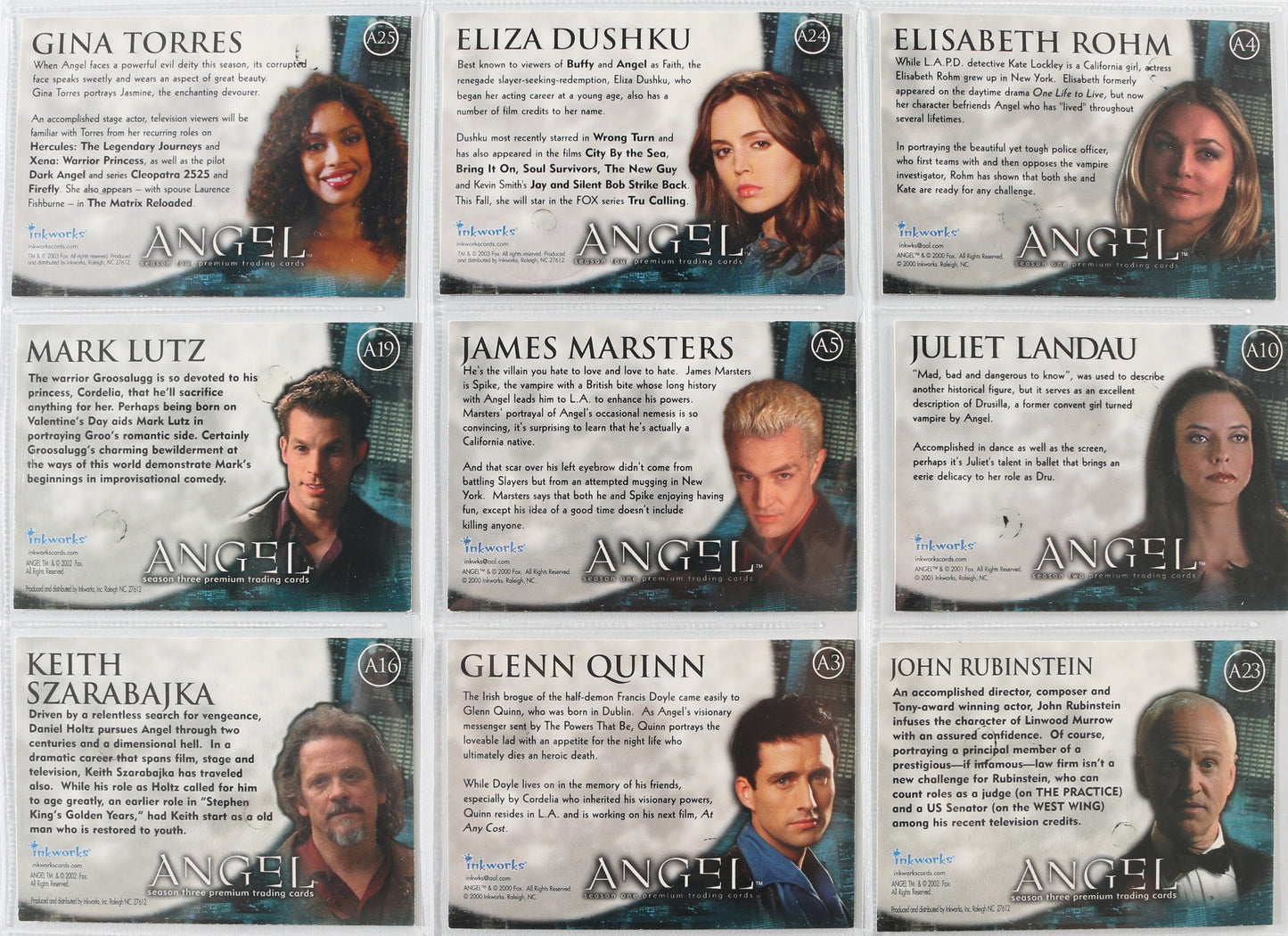 
                  
                    Angel Inkworks Trading Cards 35pc LOT Signed by David Boreanaz, Charisma Carpenter, Glenn Quinn, Alexis Denisof, J. August Richards, Amy Acker, Vincent Kartheiser, Andy Hallett, James Marsters, Mercedes McNab, Gina Torres, Julie Benz, Eliza Dushku, & More
                  
                