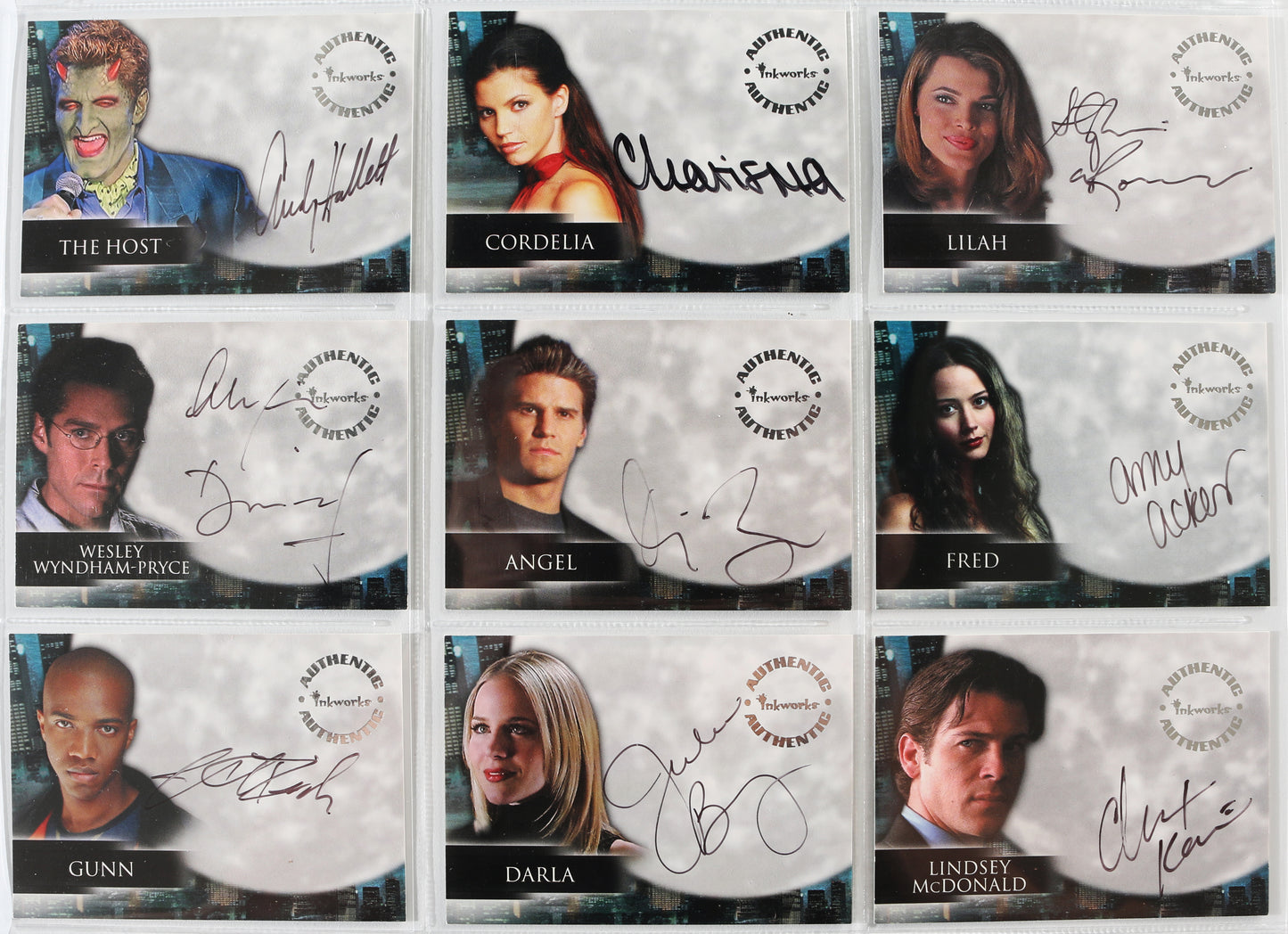 
                  
                    Angel Inkworks Trading Cards 35pc LOT Signed by David Boreanaz, Charisma Carpenter, Glenn Quinn, Alexis Denisof, J. August Richards, Amy Acker, Vincent Kartheiser, Andy Hallett, James Marsters, Mercedes McNab, Gina Torres, Julie Benz, Eliza Dushku, & More
                  
                