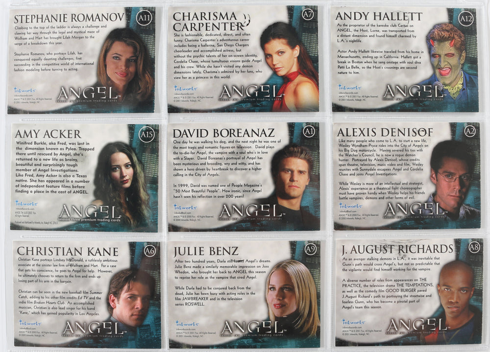 
                  
                    Angel Inkworks Trading Cards 35pc LOT Signed by David Boreanaz, Charisma Carpenter, Glenn Quinn, Alexis Denisof, J. August Richards, Amy Acker, Vincent Kartheiser, Andy Hallett, James Marsters, Mercedes McNab, Gina Torres, Julie Benz, Eliza Dushku, & More
                  
                