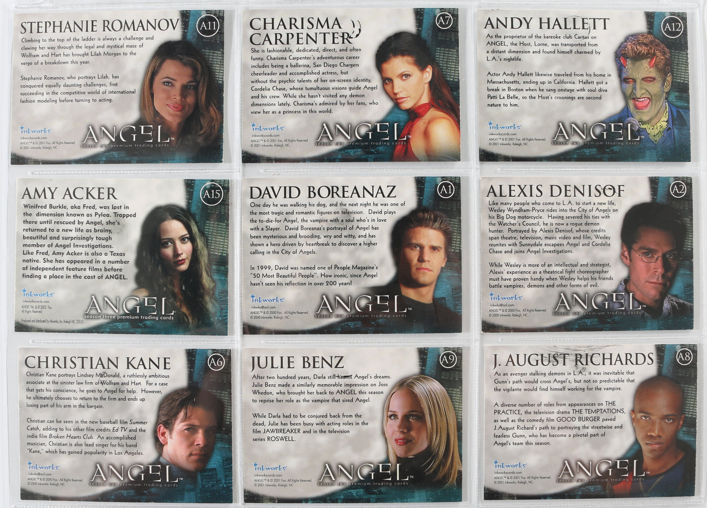 
                  
                    Angel Inkworks Trading Cards 35pc LOT Signed by David Boreanaz, Charisma Carpenter, Glenn Quinn, Alexis Denisof, J. August Richards, Amy Acker, Vincent Kartheiser, Andy Hallett, James Marsters, Mercedes McNab, Gina Torres, Julie Benz, Eliza Dushku, & More
                  
                