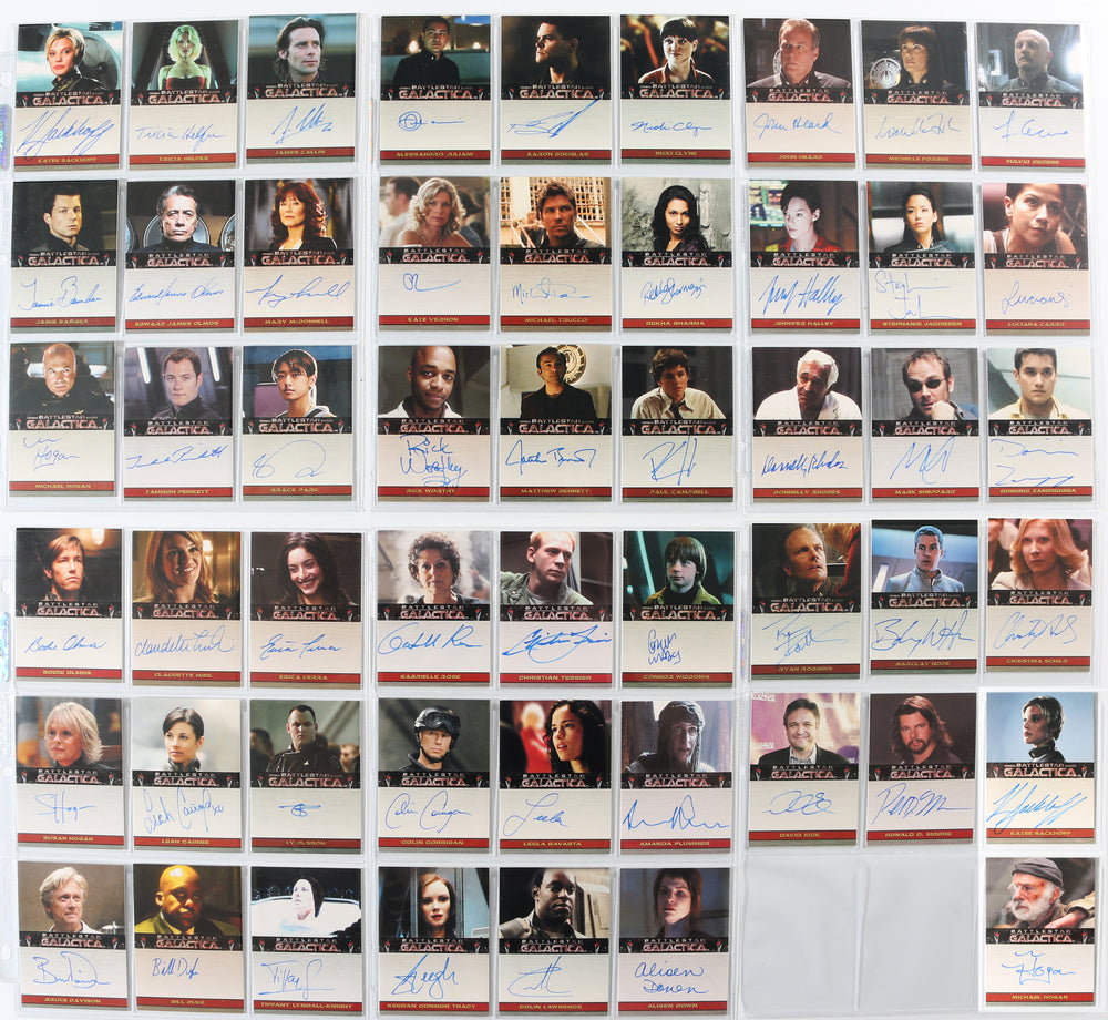 Battlestar Galactica Rittenhouse Trading Cards 246pc LOT with 52 Cards Signed by Edward James Olmos, Mary McDonnell, Katee Sackhoff, Jamie Bamber, James Callis, Tricia Helfer, Grace Park, Michael Hogan, Aaron Douglas, Michael Trucco, & More