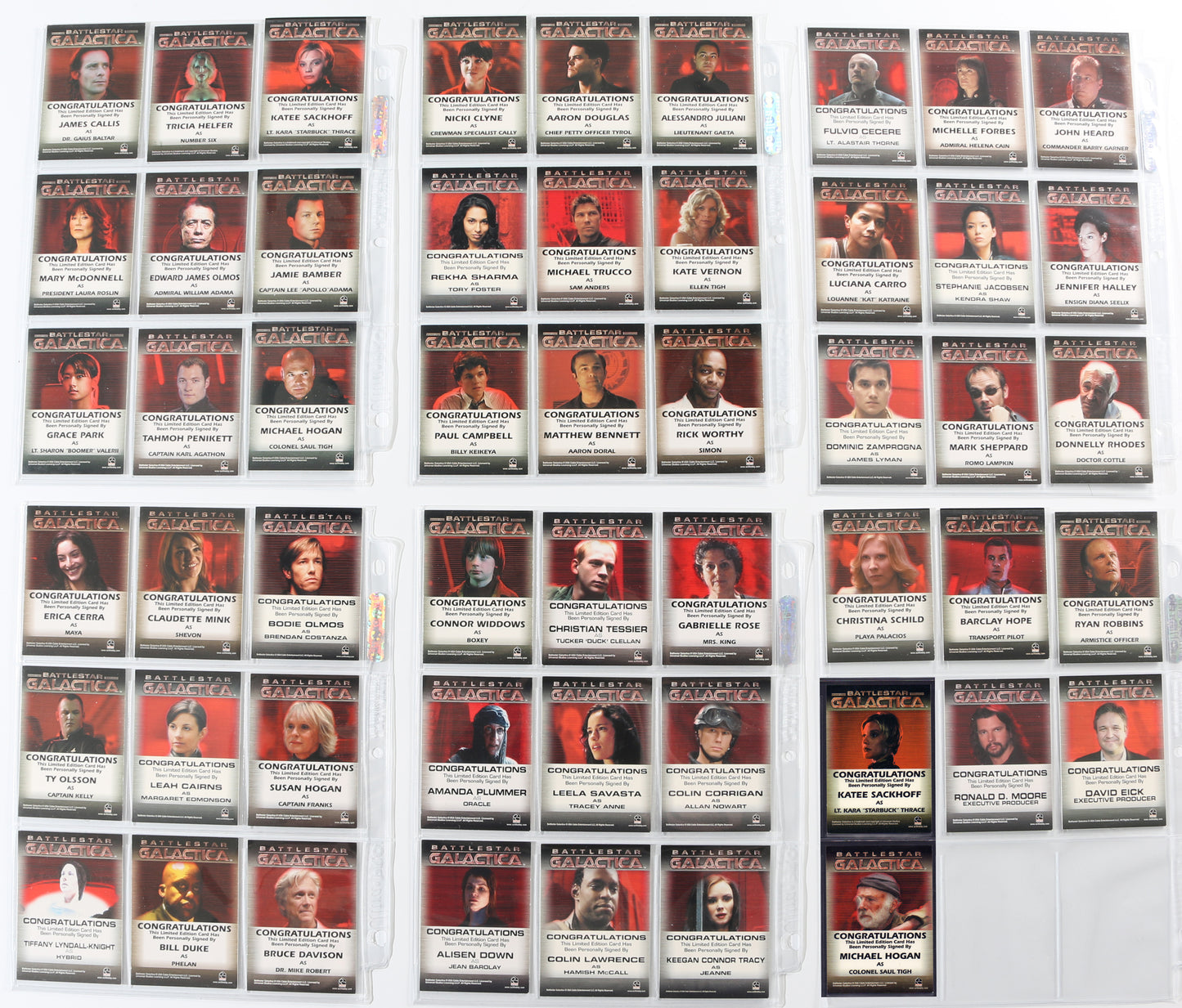 
                  
                    Battlestar Galactica Rittenhouse Trading Cards 246pc LOT with 52 Cards Signed by Edward James Olmos, Mary McDonnell, Katee Sackhoff, Jamie Bamber, James Callis, Tricia Helfer, Grace Park, Michael Hogan, Aaron Douglas, Michael Trucco, & More
                  
                
