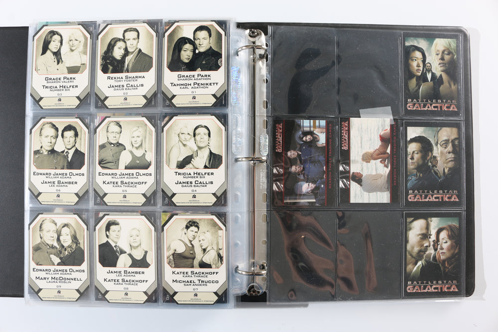 
                  
                    Battlestar Galactica Rittenhouse Trading Cards 246pc LOT with 52 Cards Signed by Edward James Olmos, Mary McDonnell, Katee Sackhoff, Jamie Bamber, James Callis, Tricia Helfer, Grace Park, Michael Hogan, Aaron Douglas, Michael Trucco, & More
                  
                