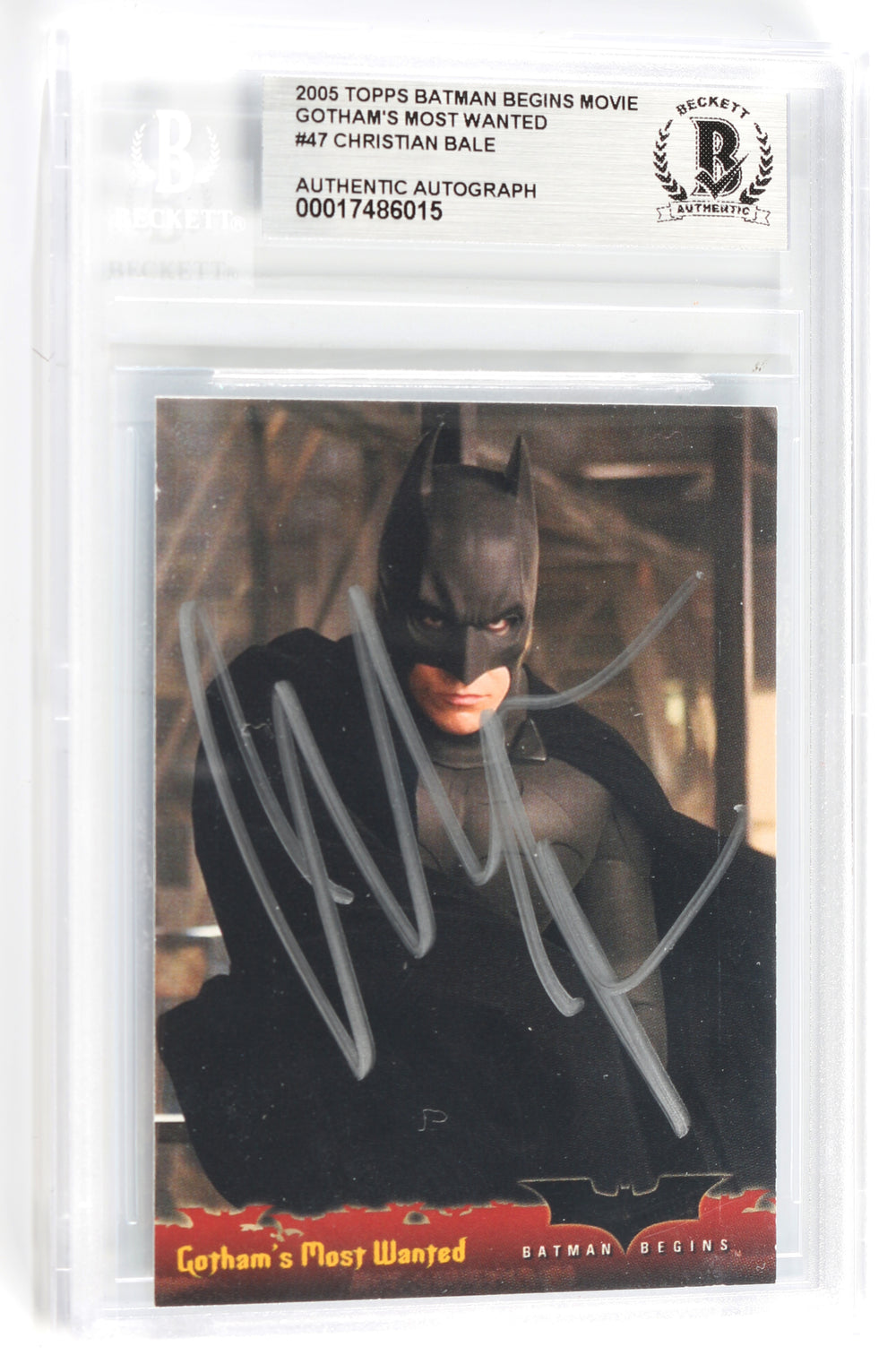 Christian Bale as Batman in Batman Begins (Beckett Slabbed) Signed Topps Gotham's Most Wanted #47 Trading Card