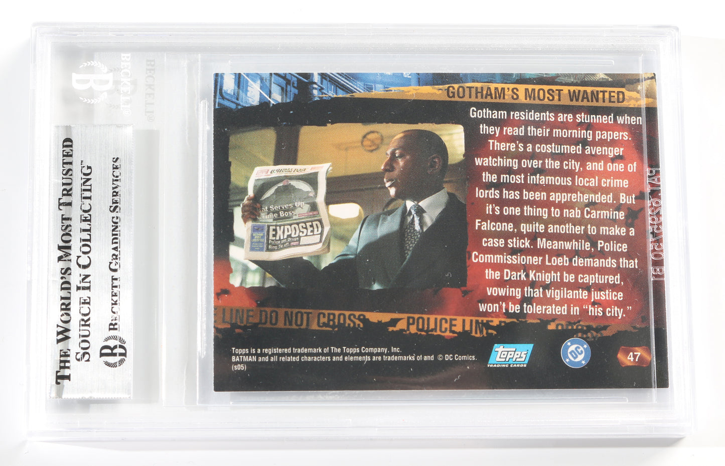 
                  
                    Christian Bale as Batman in Batman Begins (Beckett Slabbed) Signed Topps Gotham's Most Wanted #47 Trading Card
                  
                