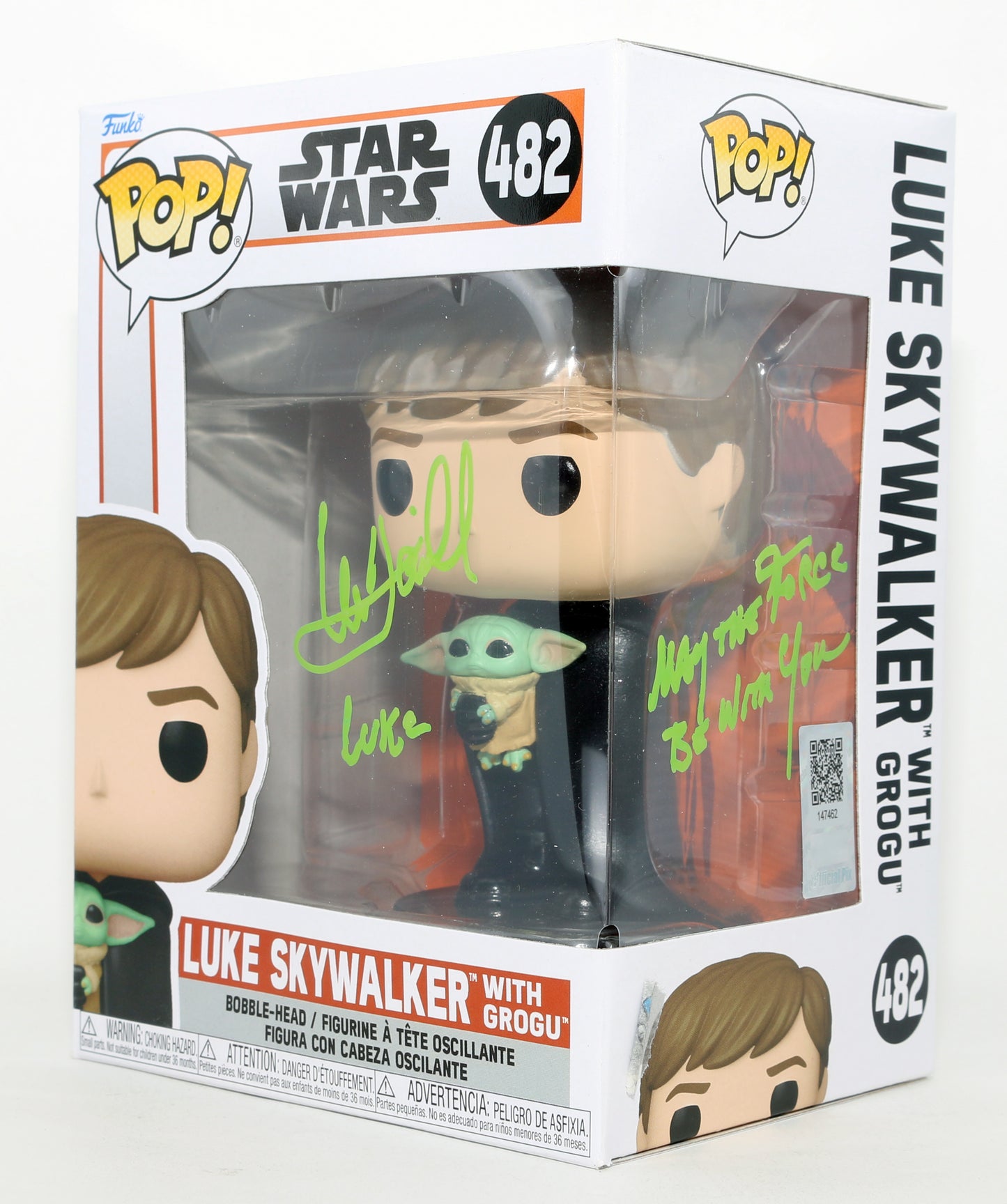 
                  
                    Mark Hamill as Luke Skywalker with Grogu in Star Wars: The Mandalorian (Official Pix) Signed Funko POP! #482 with Character Name & Quote
                  
                
