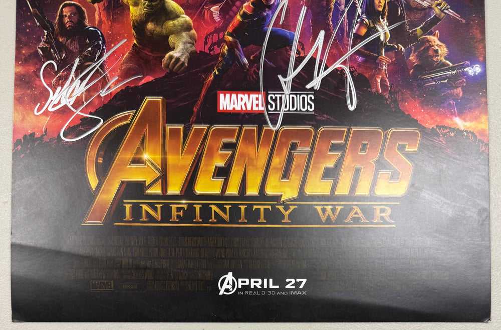 
                  
                    Avengers: Infinity War 11x17 Mini Poster (SWAU) Cast Signed by Robert Downey Jr., Chris Hemsworth, Sebastian Stan, and Josh Brolin
                  
                