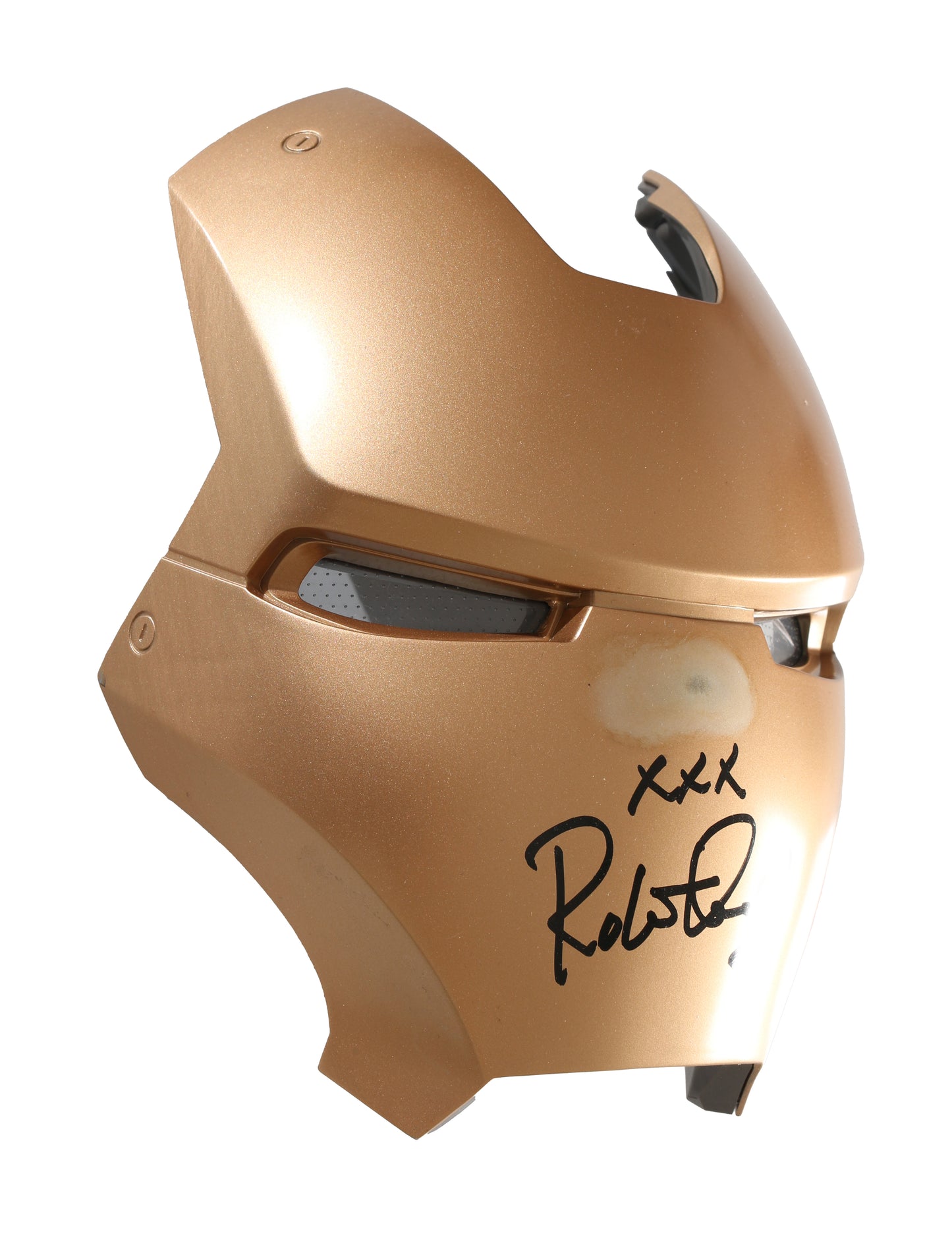 
                  
                    Iron Man Faceplate for Hasbro Legends Series Electronic Prop Replica Helmet (SWAU Authenticated) Signed by Robert Downey Jr.
                  
                