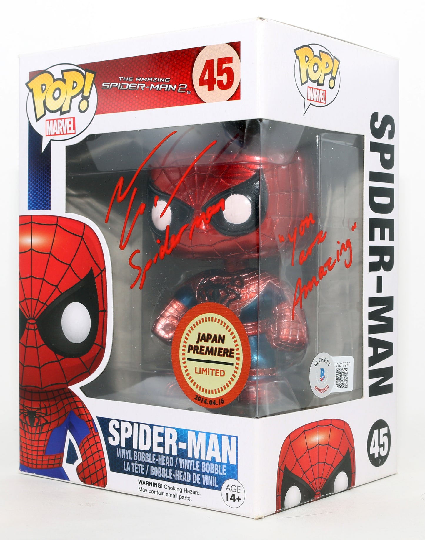 
                  
                    Andrew Garfield as Spider-Man in The Amazing Spider-Man 2 Japan Premiere Limited Edition (Beckett) Signed Funko POP! #45 with Character Name & Quote
                  
                