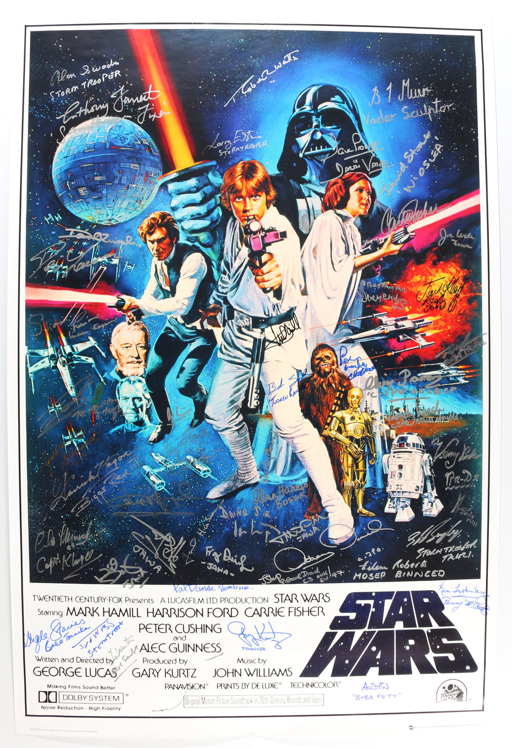 Star Wars: A New Hope 24x36 Poster Cast Signed by Mark Hamill, Carrie Fisher, Anthony Daniels, Kenny Baker, Peter Mayhew, Gary Kurtz, Dave Prowse, Denis Lawson, Garrick Hagon, Angus MacInnes, & Many More