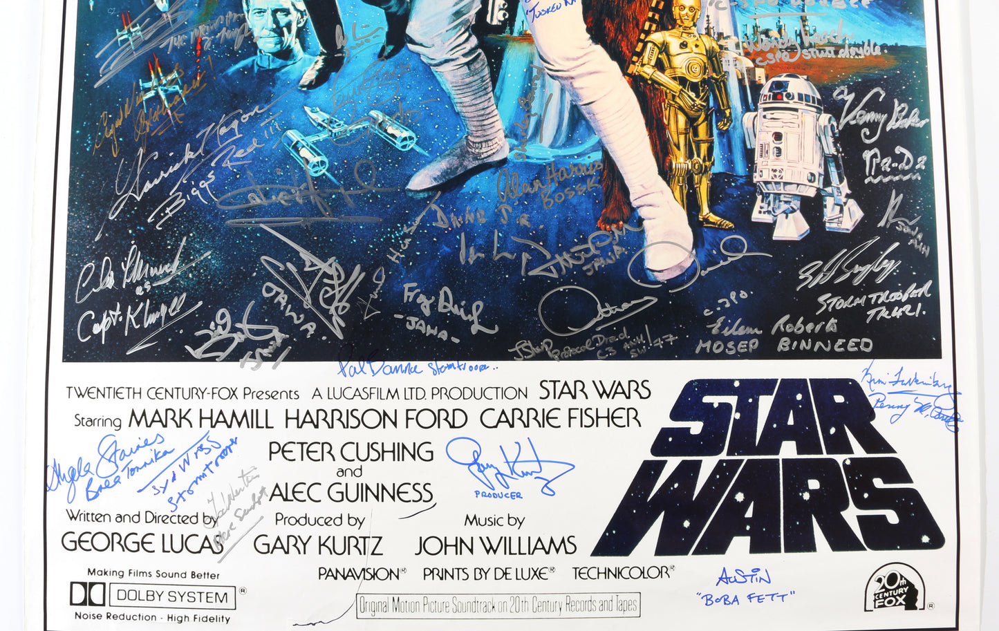 
                  
                    Star Wars: A New Hope 24x36 Poster Cast Signed by Mark Hamill, Carrie Fisher, Anthony Daniels, Kenny Baker, Peter Mayhew, Gary Kurtz, Dave Prowse, Denis Lawson, Garrick Hagon, Angus MacInnes, & Many More
                  
                