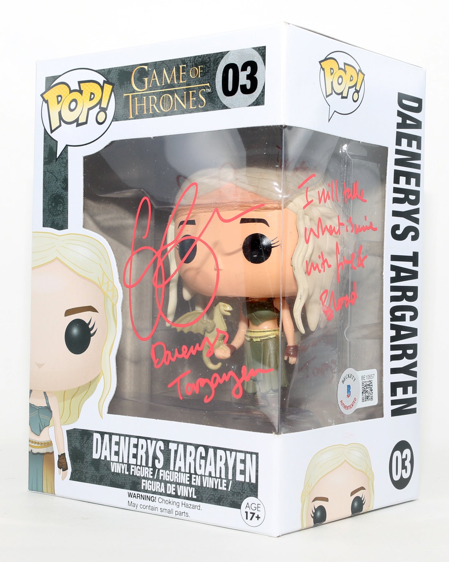 
                  
                    Emilia Clarke as Daenerys Targaryen in Game of Thrones (Beckett) Signed Funko POP! #03 with Character Name & Quote
                  
                