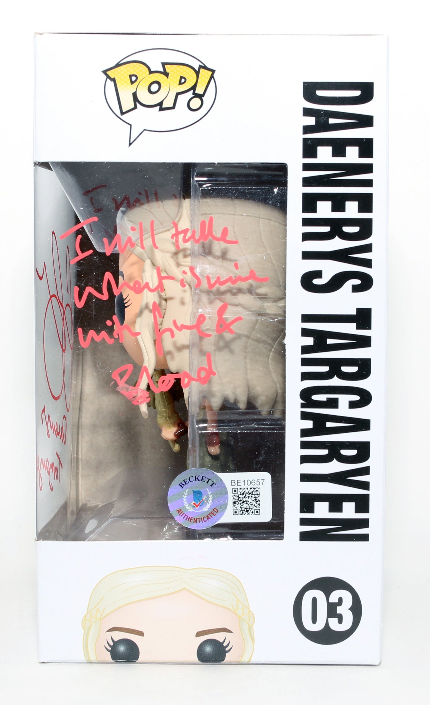 
                  
                    Emilia Clarke as Daenerys Targaryen in Game of Thrones (Beckett) Signed Funko POP! #03 with Character Name & Quote
                  
                