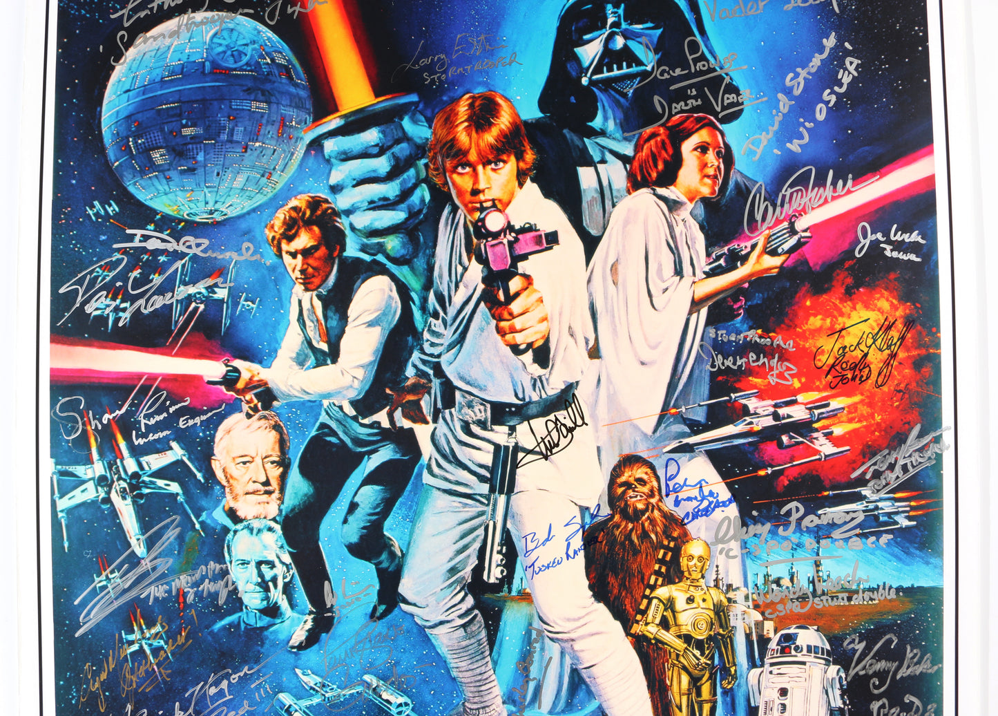 
                  
                    Star Wars: A New Hope 24x36 Poster Cast Signed by Mark Hamill, Carrie Fisher, Anthony Daniels, Kenny Baker, Peter Mayhew, Gary Kurtz, Dave Prowse, Denis Lawson, Garrick Hagon, Angus MacInnes, & Many More
                  
                
