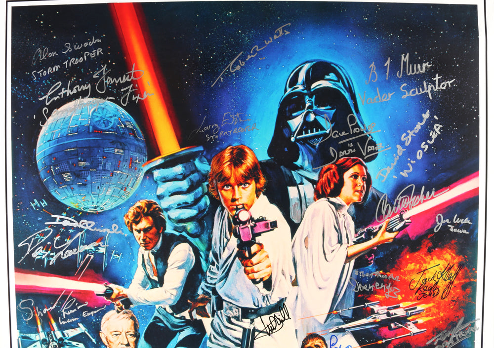 
                  
                    Star Wars: A New Hope 24x36 Poster Cast Signed by Mark Hamill, Carrie Fisher, Anthony Daniels, Kenny Baker, Peter Mayhew, Gary Kurtz, Dave Prowse, Denis Lawson, Garrick Hagon, Angus MacInnes, & Many More
                  
                
