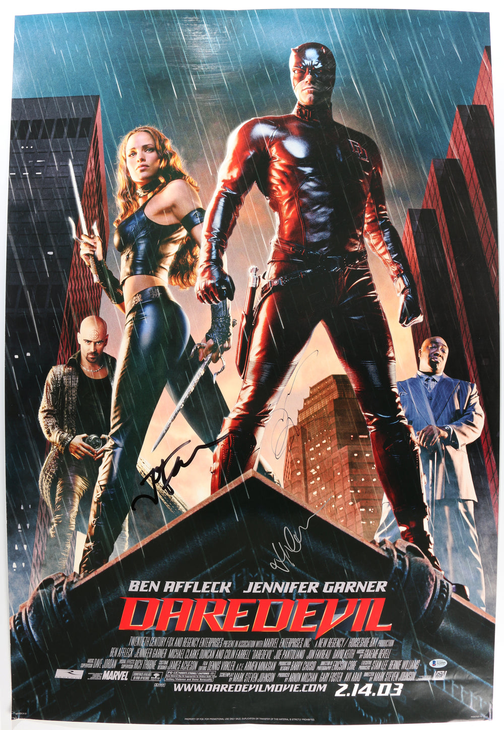 Ben Affleck as Matt Murdock / Daredevil, Jennifer Garner as Elektra Natchios, & Jon Favreau as Foggy Nelson in Daredevil (Beckett) Signed 27x40 Poster