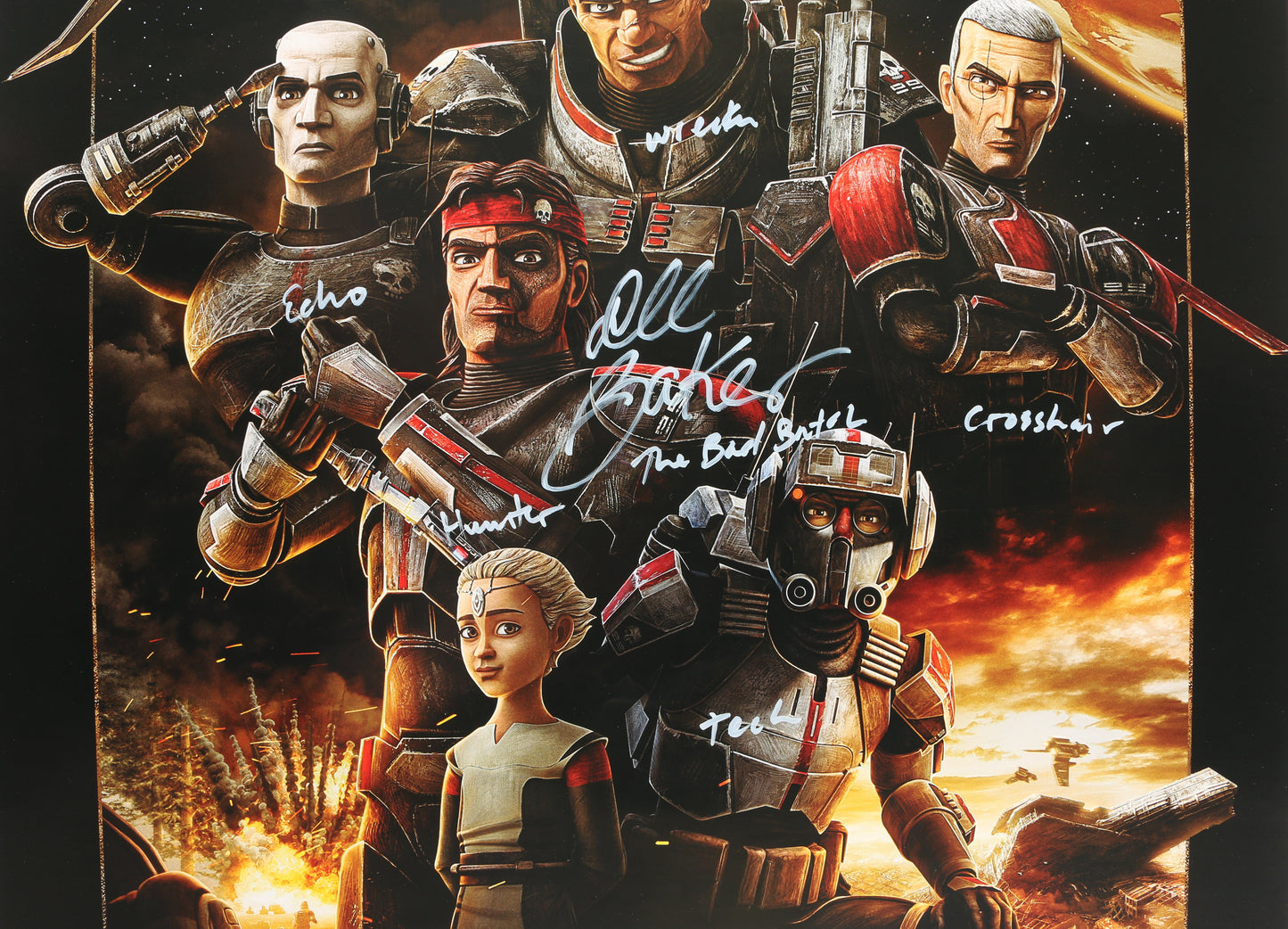 
                  
                    Dee Bradley Baker as Clone Force 99 / The Bad Batch in Star Wars: The Bad Batch Signed 24x36 Poster with Character Names
                  
                