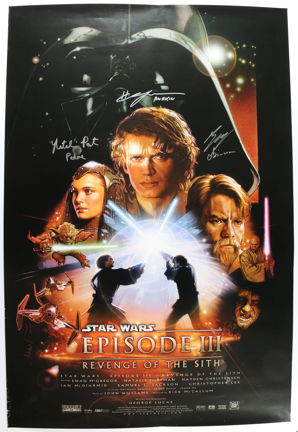Ewan McGregor as Obi-Wan Kenobi, Natalie Portman as Padme Amidala, & Hayden Christensen as Anakin Skywalker in Star Wars Episode III: Revenge of the Sith (SWAU) Signed 27x40 Poster with Character Names