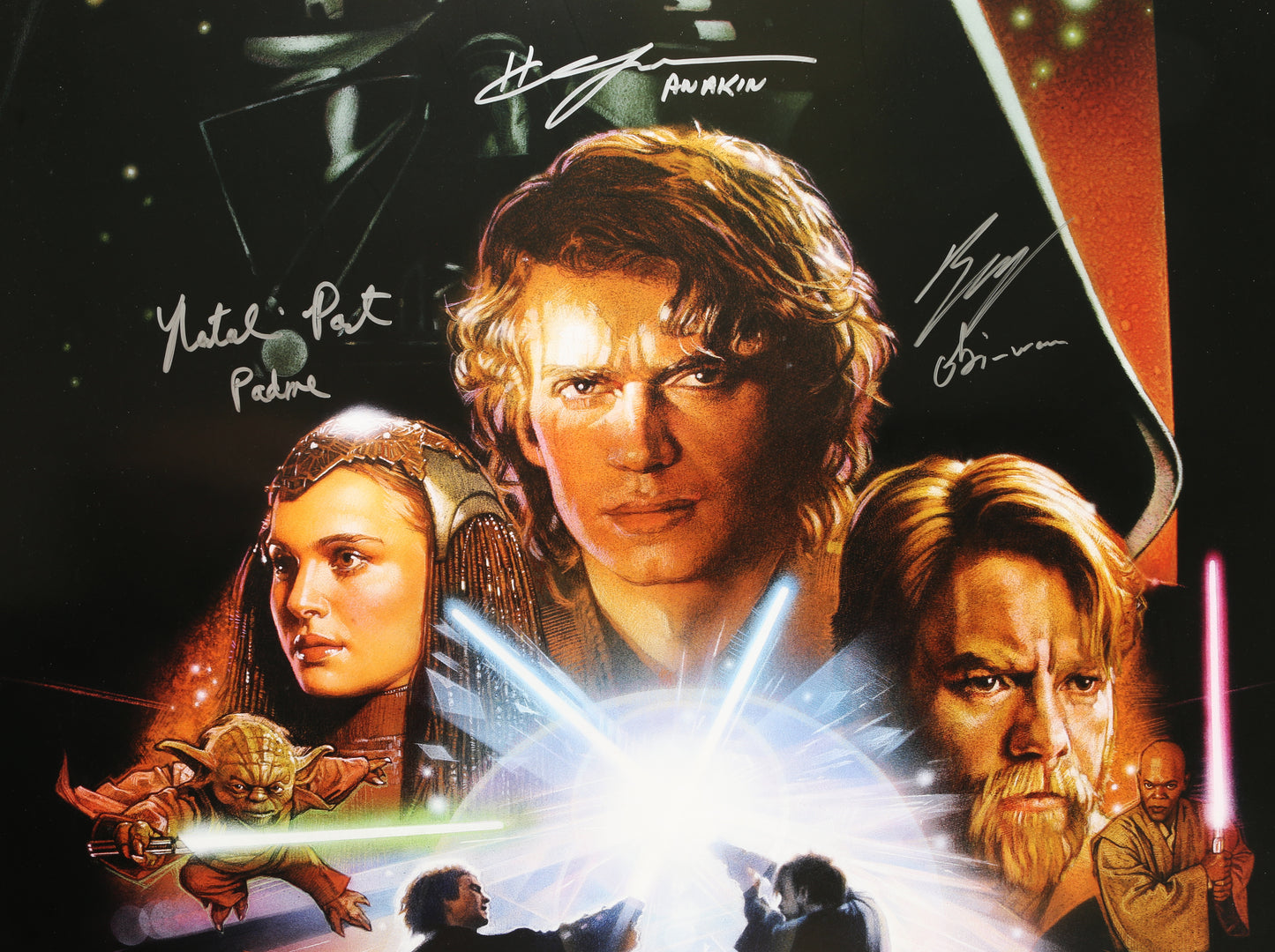 
                  
                    Ewan McGregor as Obi-Wan Kenobi, Natalie Portman as Padme Amidala, & Hayden Christensen as Anakin Skywalker in Star Wars Episode III: Revenge of the Sith (SWAU) Signed 27x40 Poster with Character Names
                  
                