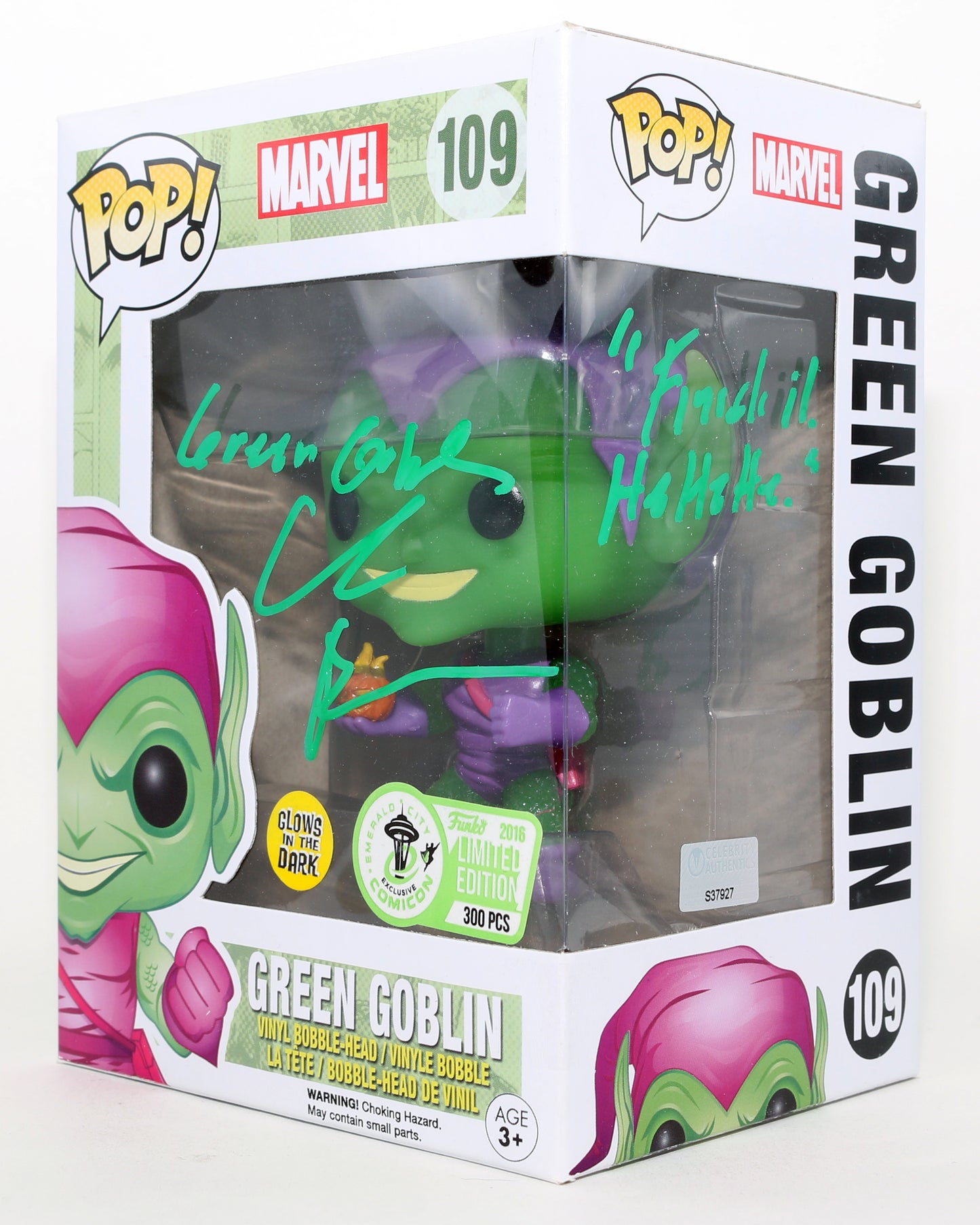 
                  
                    Willem Dafoe as The Green Goblin in Spider-Man GITD Emerald City Comic Con Exclusive (Celebrity Authentics) Signed Funko POP! #109 with Character Name & Quote
                  
                