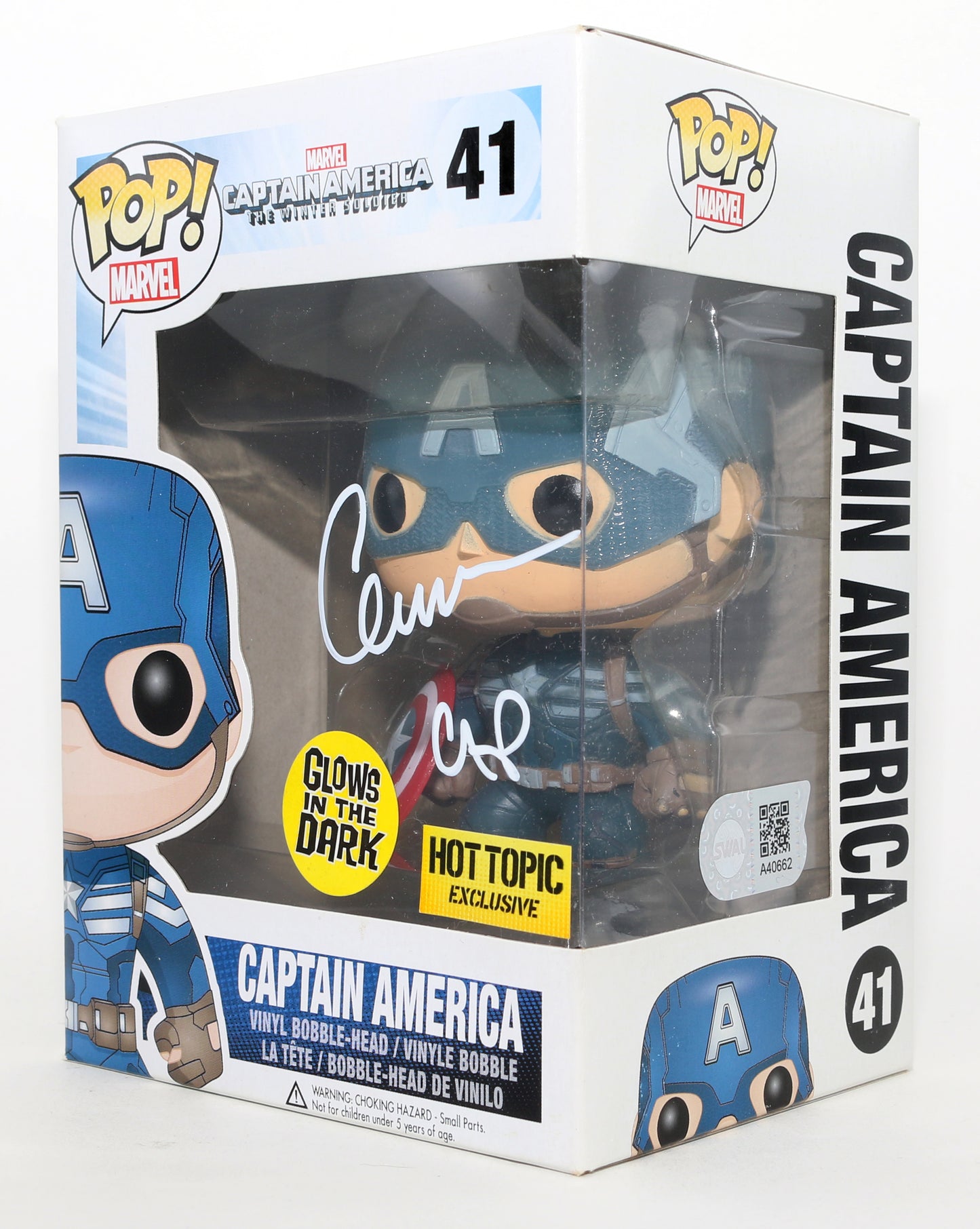 
                  
                    Chris Evans as Captain America in Captain America: The Winter Soldier GITD Hot Topic Exclusive (SWAU) Signed Funko POP! #41 with Character Name
                  
                