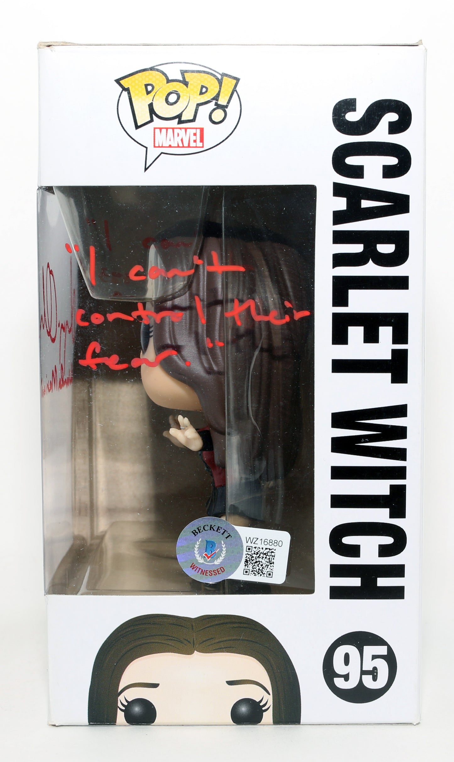 
                  
                    Elizabeth Olsen as Wanda Maximoff / Scarlet Witch in Avengers: Age of Ultron (Beckett Witnessed) Signed Funko POP! #95 with Character Name & Quote
                  
                