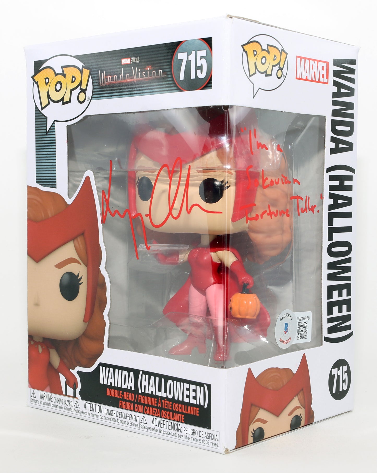 
                  
                    Elizabeth Olsen as Wanda [Halloween] in WandaVision (Beckett Witnessed) Signed Funko POP! #715 with Quote
                  
                