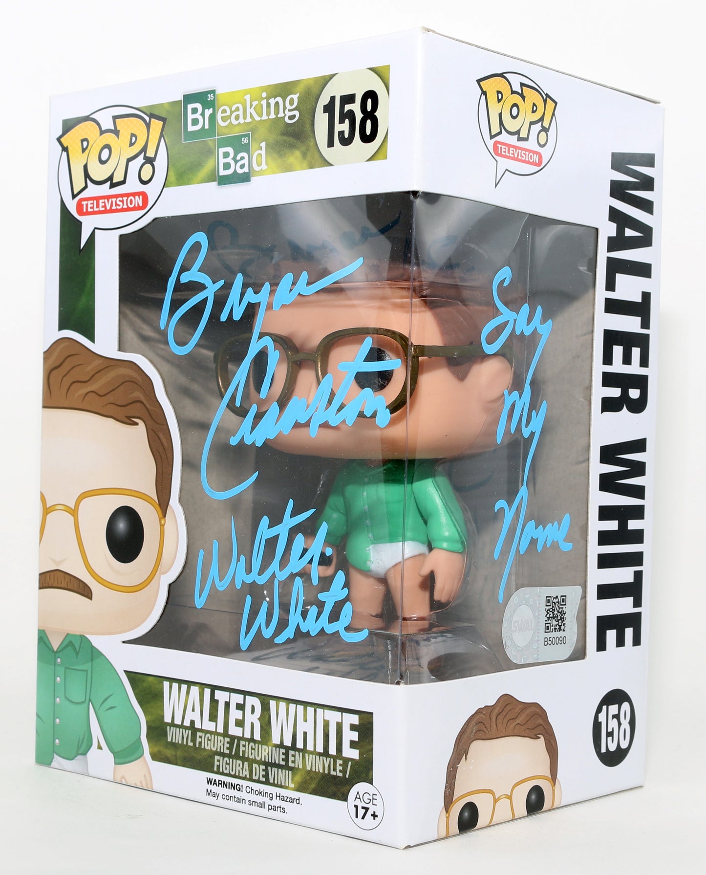 
                  
                    Bryan Cranston as Walter White in Breaking Bad SDCC (SWAU) Signed Funko POP! #158 with Character Name & Quote
                  
                