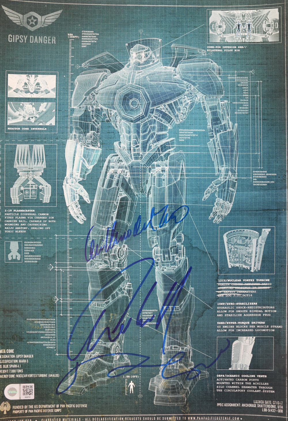 Charlie Hunnam as Raleigh Becket, Rinko Kikuchi as Mako Mori, & Director Guillermo Del Toro in Pacific Rim Signed 12x18 Photo
