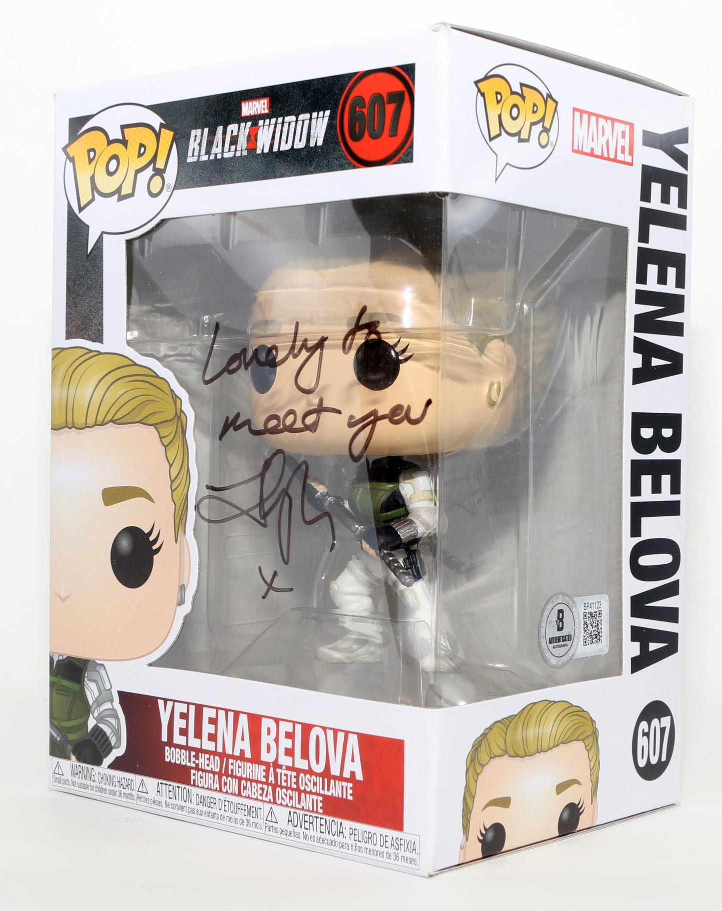 
                  
                    Florence Pugh as Yelena Belova in Black Widow (Beckett) Signed Funko POP! #607 with Remark
                  
                