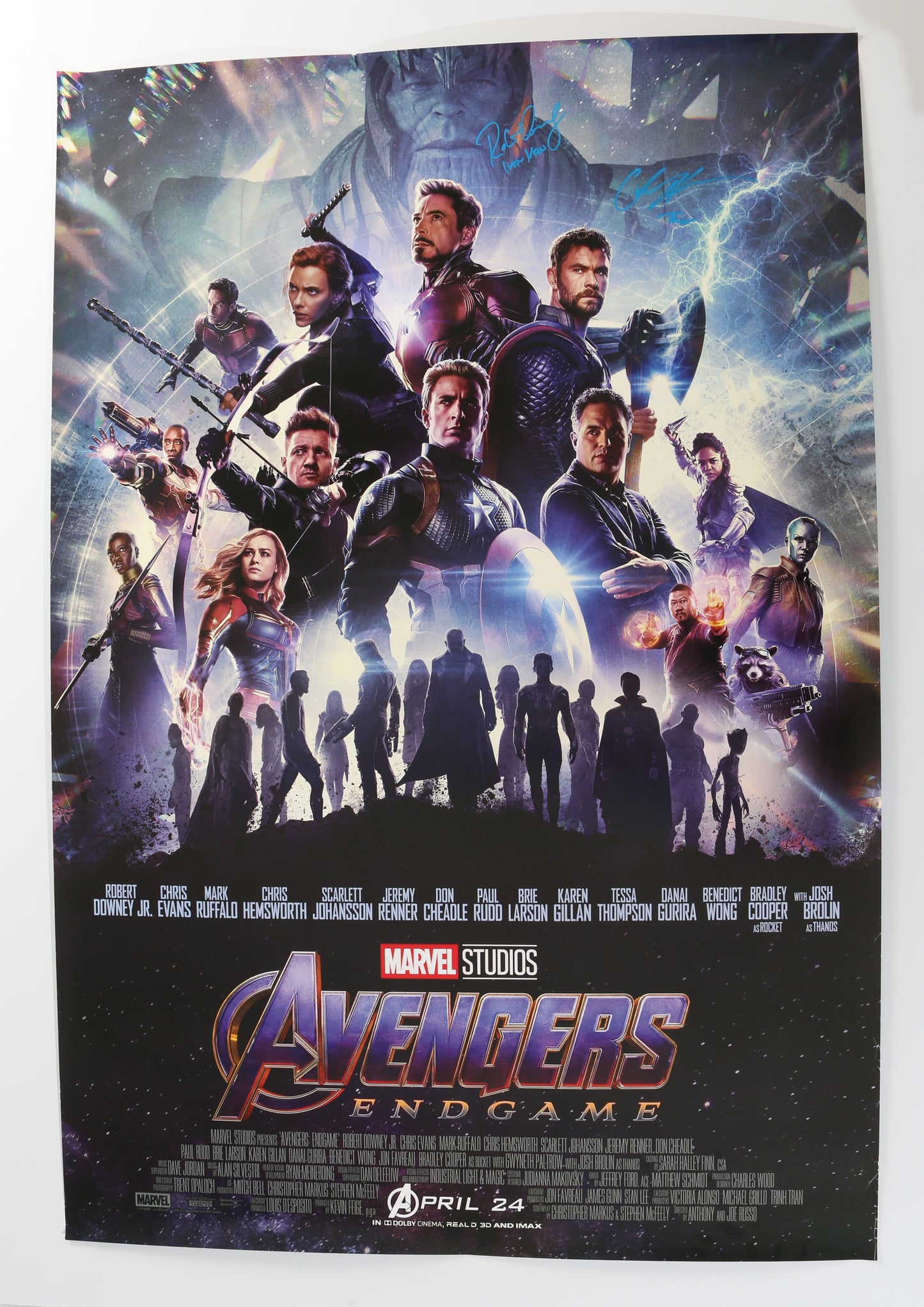
                  
                    Robert Downey Jr. as Iron Man and Chris Hemsworth as Thor in Avengers: Endgame Signed 27x40 Poster with Character Names
                  
                
