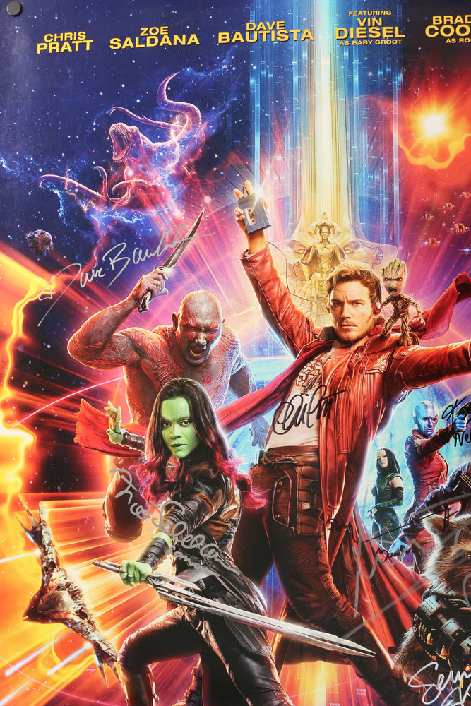 
                  
                    Guardians of the Galaxy Vol. 2 27x40 Poster Signed by Chris Pratt, Zoe Saldana, Pom Klementieff, Karen Gillan, Sean Gunn, Dave Bautista, and Michael Rooker
                  
                