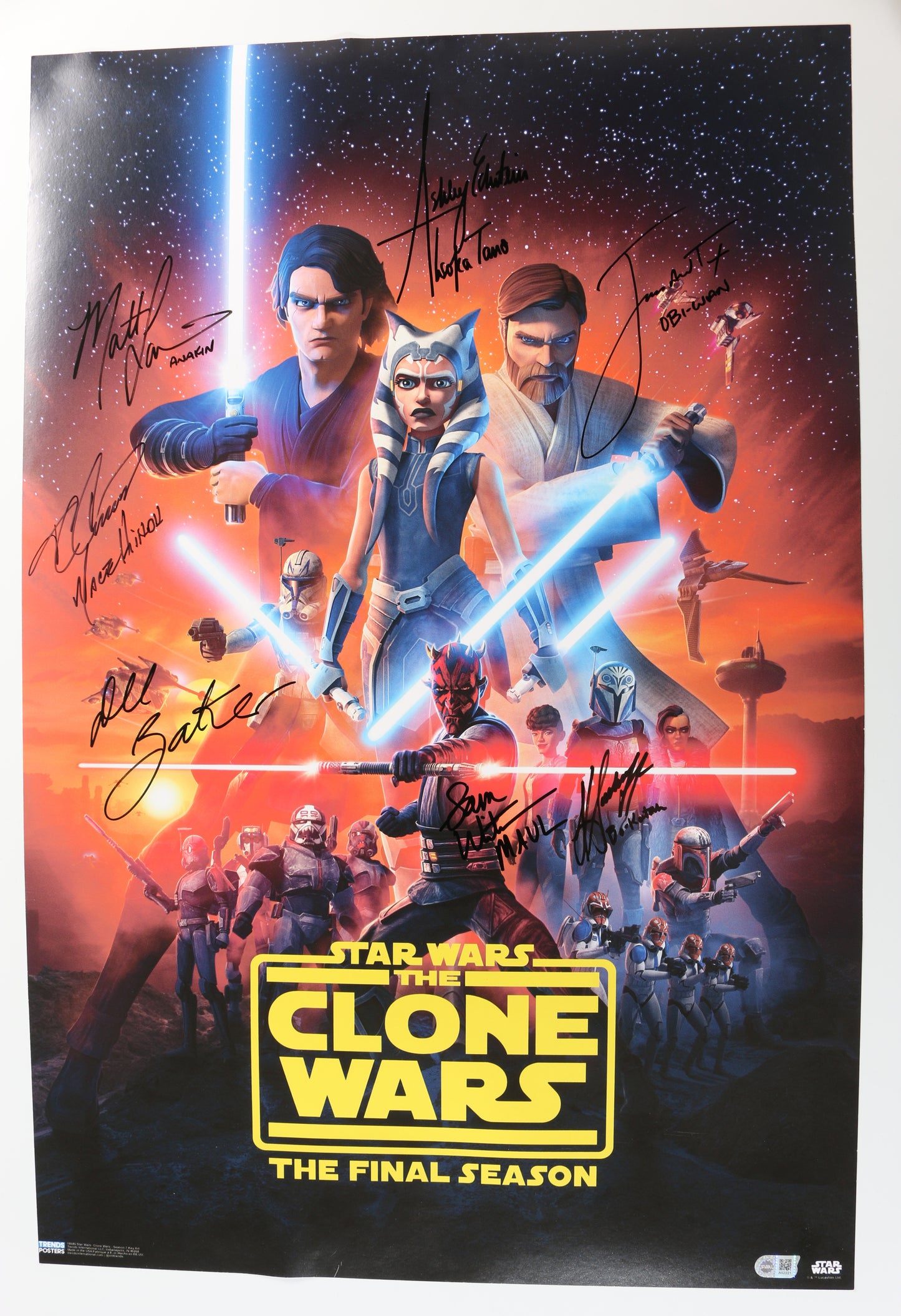 
                  
                    Star Wars: The Clone Wars 24x36 Poster (SWAU) Cast Signed by Ashley Eckstein, James Arnold Taylor, Matt Lanter, Katee Sackhoff, Dee Bradley Baker, Terrence Carson, & Sam Witwer with Character Names
                  
                