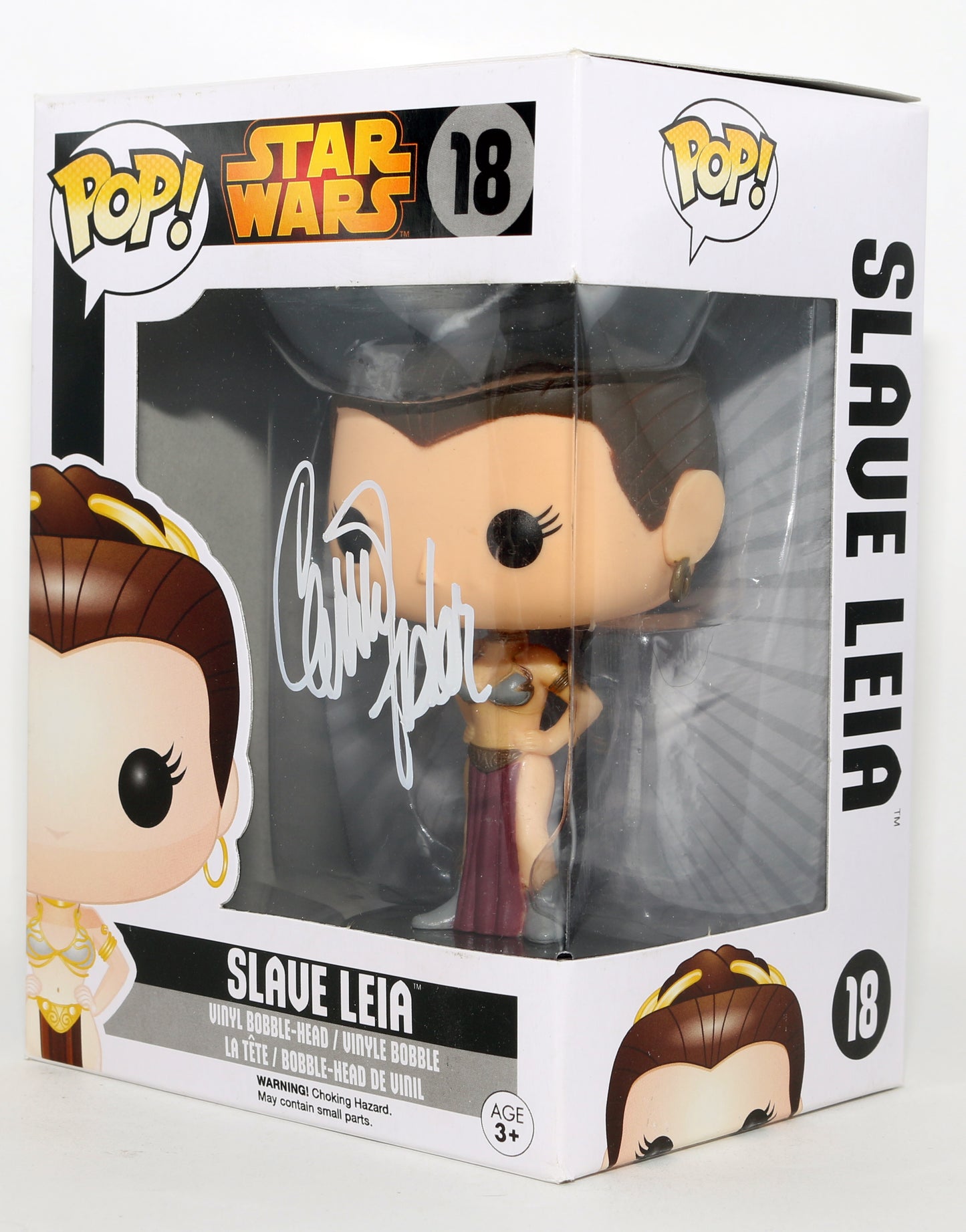 
                  
                    Carrie Fisher as Slave Princess Leia in Star Wars: Return of the Jedi (Radtke) Signed Funko POP! #18
                  
                