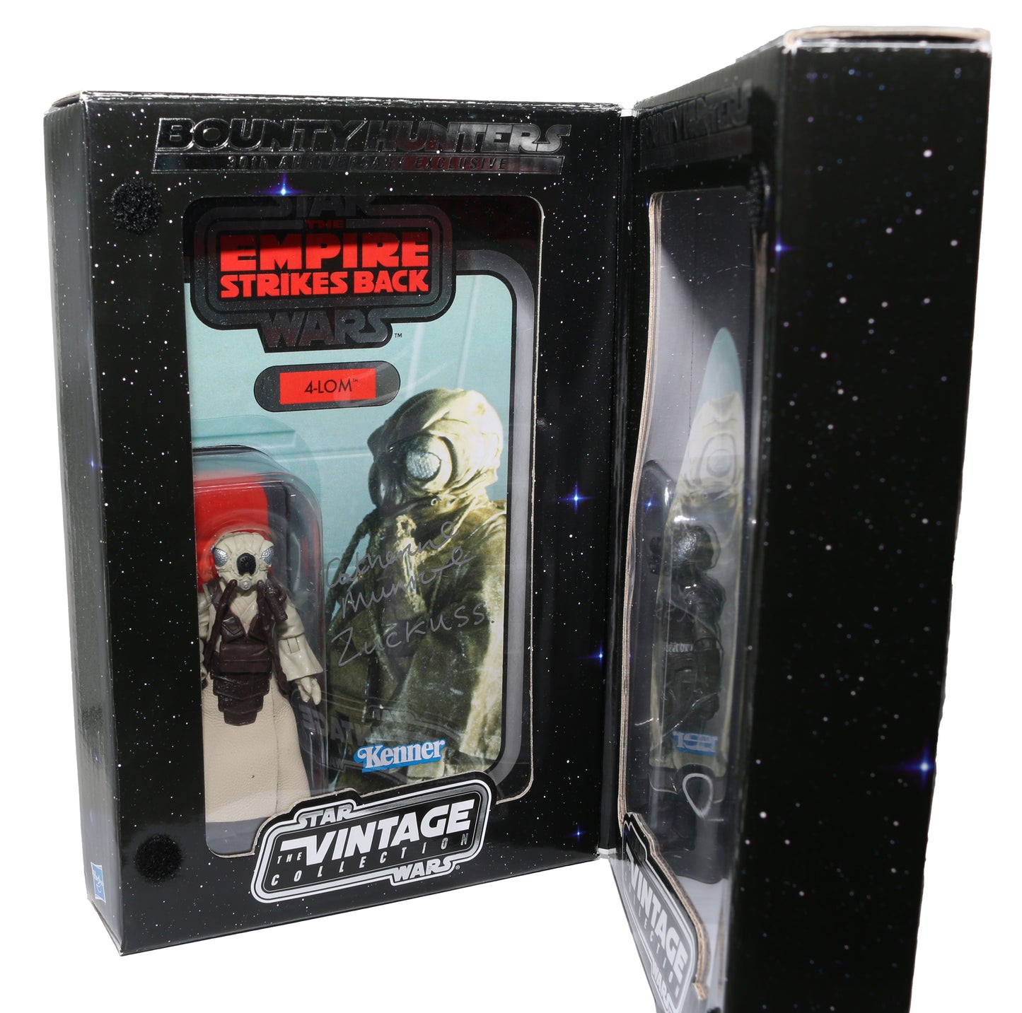 
                  
                    Chris Parsons as 4-LOM & Catherine Munroe as Zuckuss in Star Wars: The Empire Strikes Back Signed Kenner Bounty Hunters 30th Anniversary Exclusive Action Figures 2pc Set
                  
                