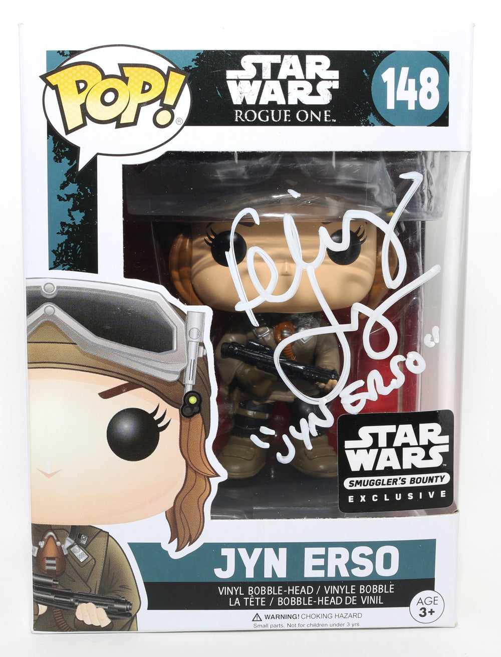 Felicity Jones as Jyn Erso in Rogue One: A Star Wars Story Smuggler's Bounty Exclusive (Topps) Signed Funko POP! #148 with Character Name
