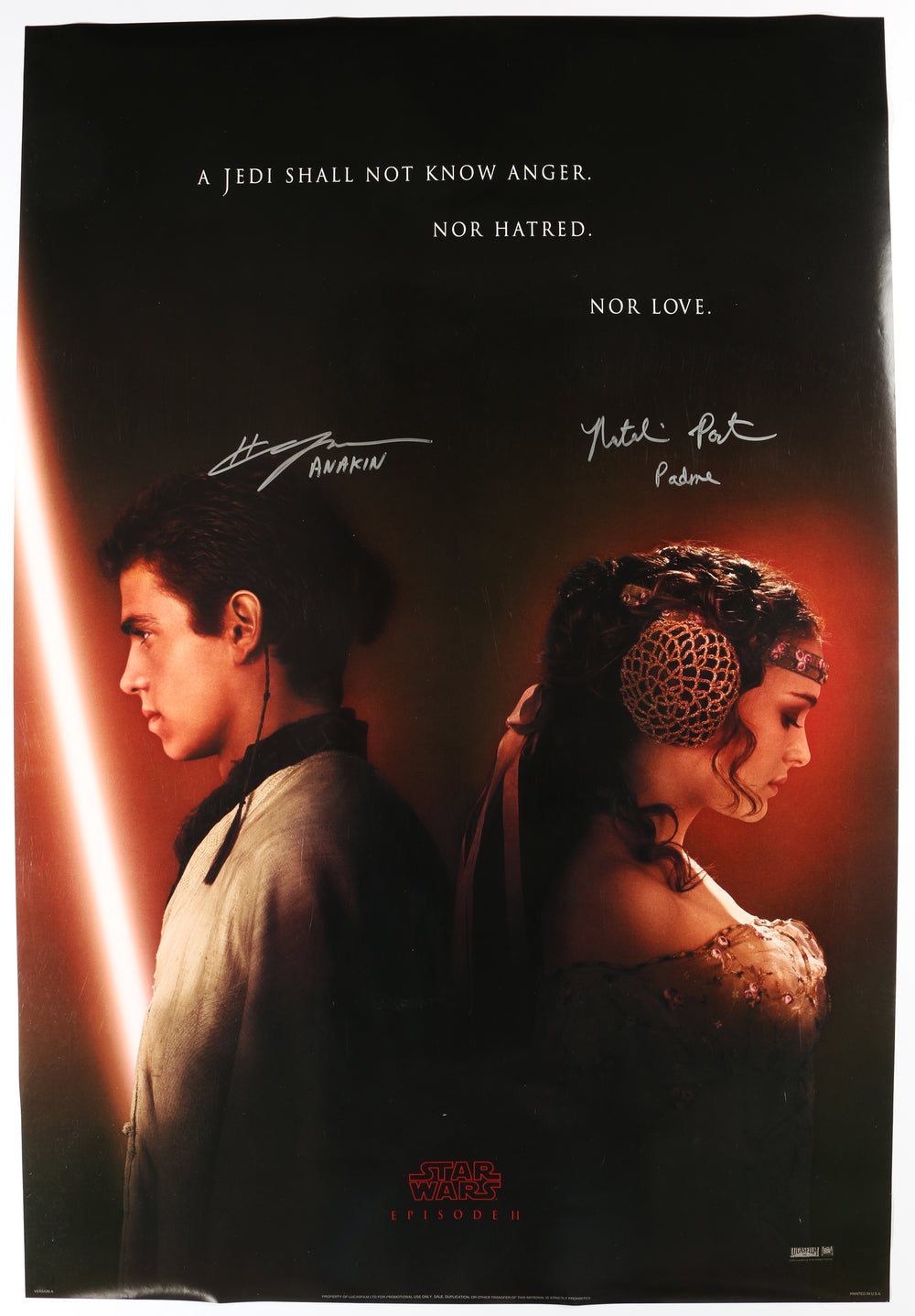 Hayden Christensen as Anakin Skywalker & Natalie Portman as Padme Amidala in Star Wars Episode II: Attack of the Clones (SWAU) Signed 27x40 Poster