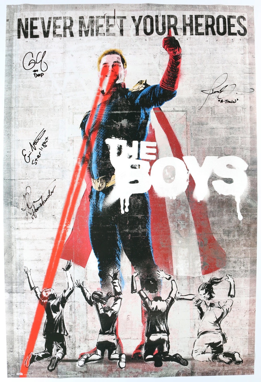 The Boys 24x36 Poster (SWAU) Cast Signed by Antony Starr, Erin Moriarty, Jessie Usher, & Chace Crawford with Character Names