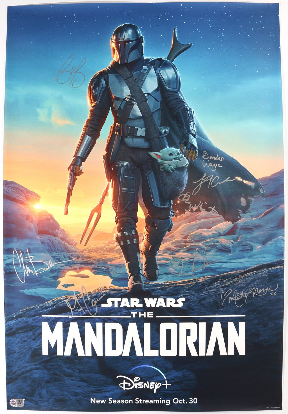 Star Wars: The Mandalorian 27x40 Poster (SWAU) Cast Signed by Lateef Crowder, Brendan Wayne, Bill Burr, Gina Carano, Misty Rosas, Chris Bartlett, Timothy Olyphant, & Ming-Na Wen