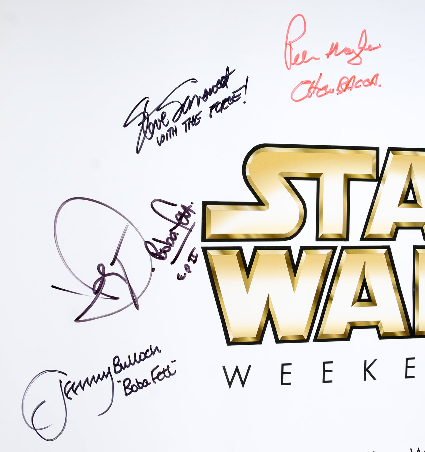 
                  
                    Star Wars Weekends Poster Signed by Jeremy Bulloch, Daniel Logan, Peter Mayhew, Dave Prowse, Jake Lloyd, Warwick Davis, & Dave Filoni with Sketch Art
                  
                