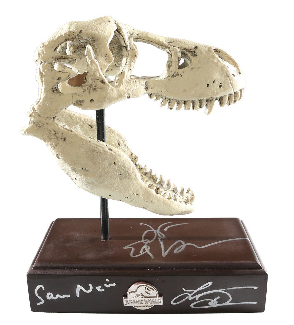 Laura Dern as Ellie Sattler, Jeff Goldblum as Ian Malcolm, & Sam Neill as Alan Grant in Jurassic Park (Celebrity Authentics) Signed Resin Paper Weight T-Rex Skull Replica