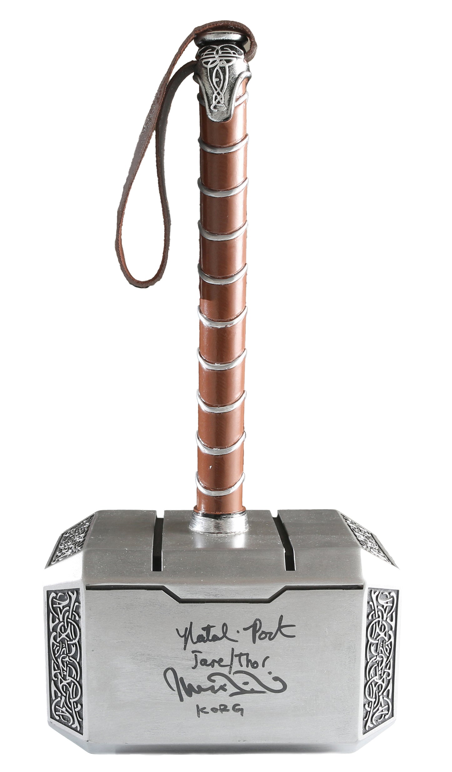 
                  
                    Thor Mjolnir Prop Replica Hammer (SWAU) Signed by Natalie Portman, Taika Waititi, Idris Elba, Tom Hiddleston, & Anthony Hopkins with Character Names
                  
                