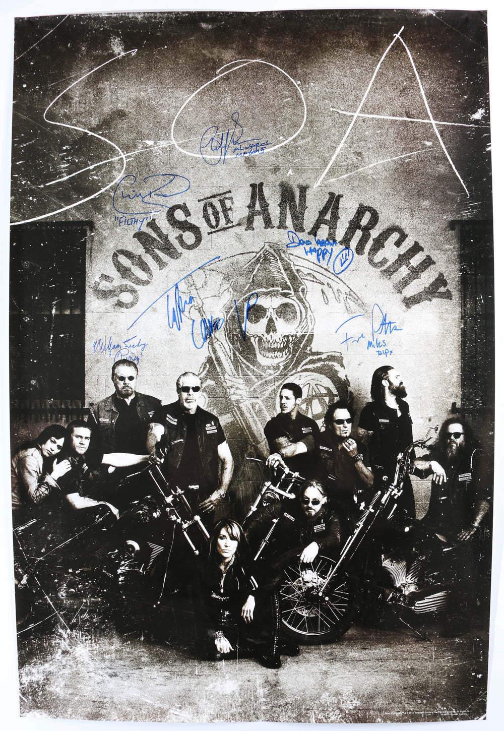 Sons of Anarchy 24x36 Poster Cast Signed by David Labrava, Frank Potter, Chris Reed, William Lucking, Emilio Rivera, & Tommy Flanagan