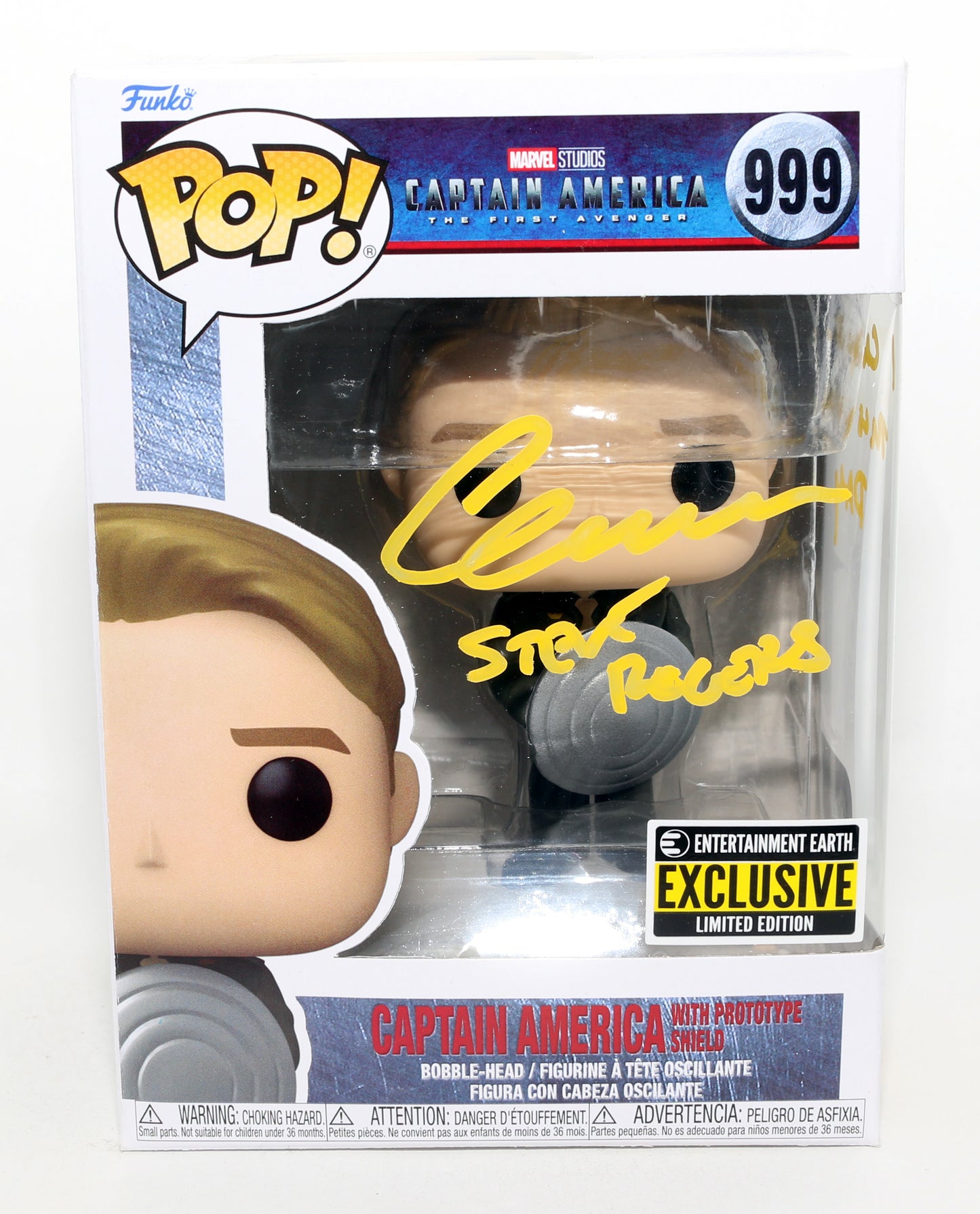 
                  
                    Chris Evans as Captain America in Captain America: The First Avenger Entertainment Earth Exclusive Limited Edition (SWAU) Signed Funko POP! #999 with Character Name & Quote
                  
                