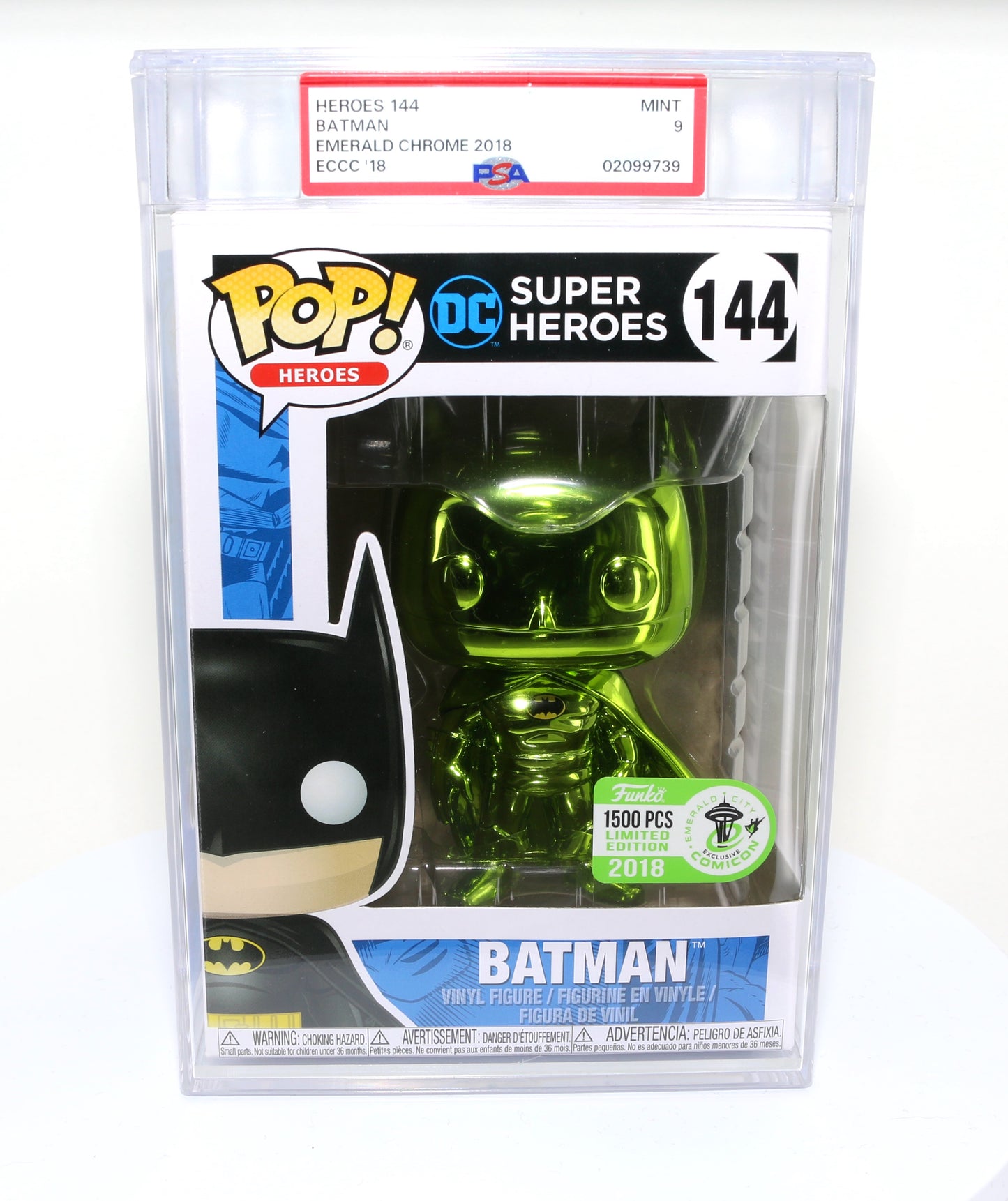 
                  
                    Green Metallic Batman from DC Super Heroes 2018 Emerald City Comic Con Exclusive Limited to 1500 Pieces Funko POP! #144 PSA Graded 9 - Grail
                  
                