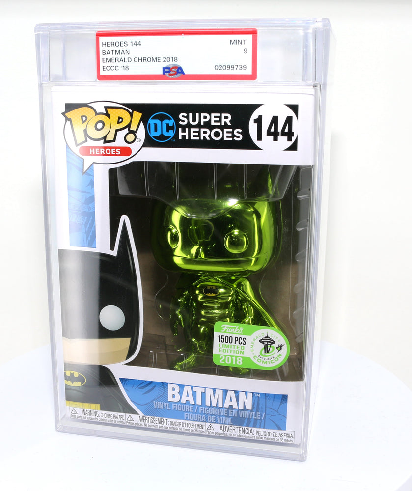 
                  
                    Green Metallic Batman from DC Super Heroes 2018 Emerald City Comic Con Exclusive Limited to 1500 Pieces Funko POP! #144 PSA Graded 9 - Grail
                  
                