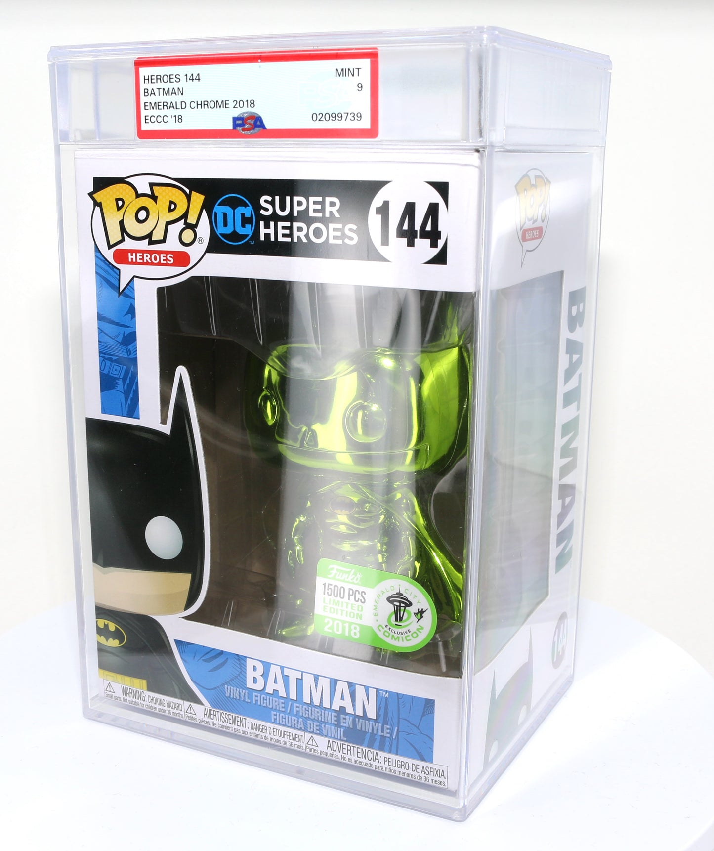 
                  
                    Green Metallic Batman from DC Super Heroes 2018 Emerald City Comic Con Exclusive Limited to 1500 Pieces Funko POP! #144 PSA Graded 9 - Grail
                  
                