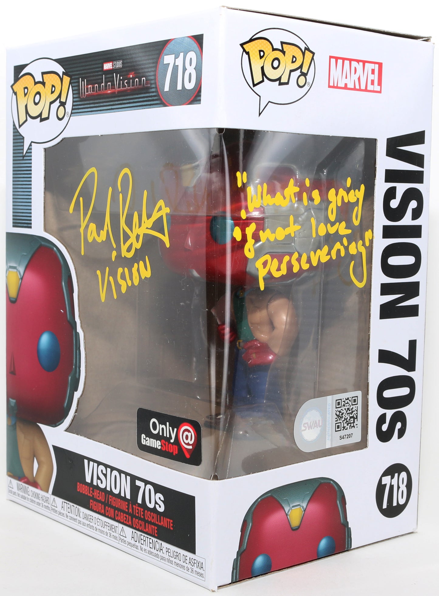 
                  
                    Paul Bettany as Vision [70's] in WandaVision GameStop Exclusive (SWAU) Signed Funko POP! #716 with Character Name & Quote
                  
                