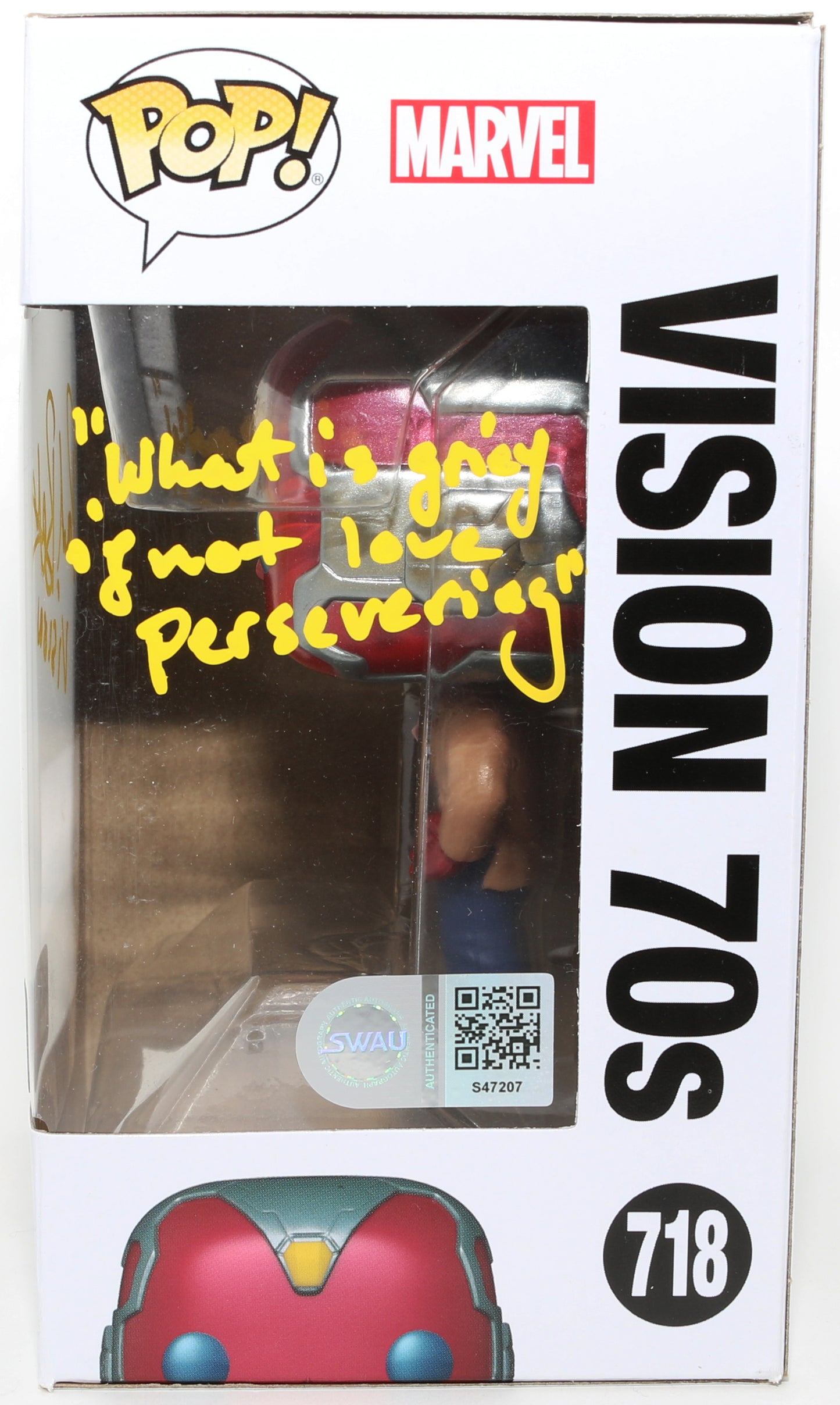 
                  
                    Paul Bettany as Vision [70's] in WandaVision GameStop Exclusive (SWAU) Signed Funko POP! #716 with Character Name & Quote
                  
                